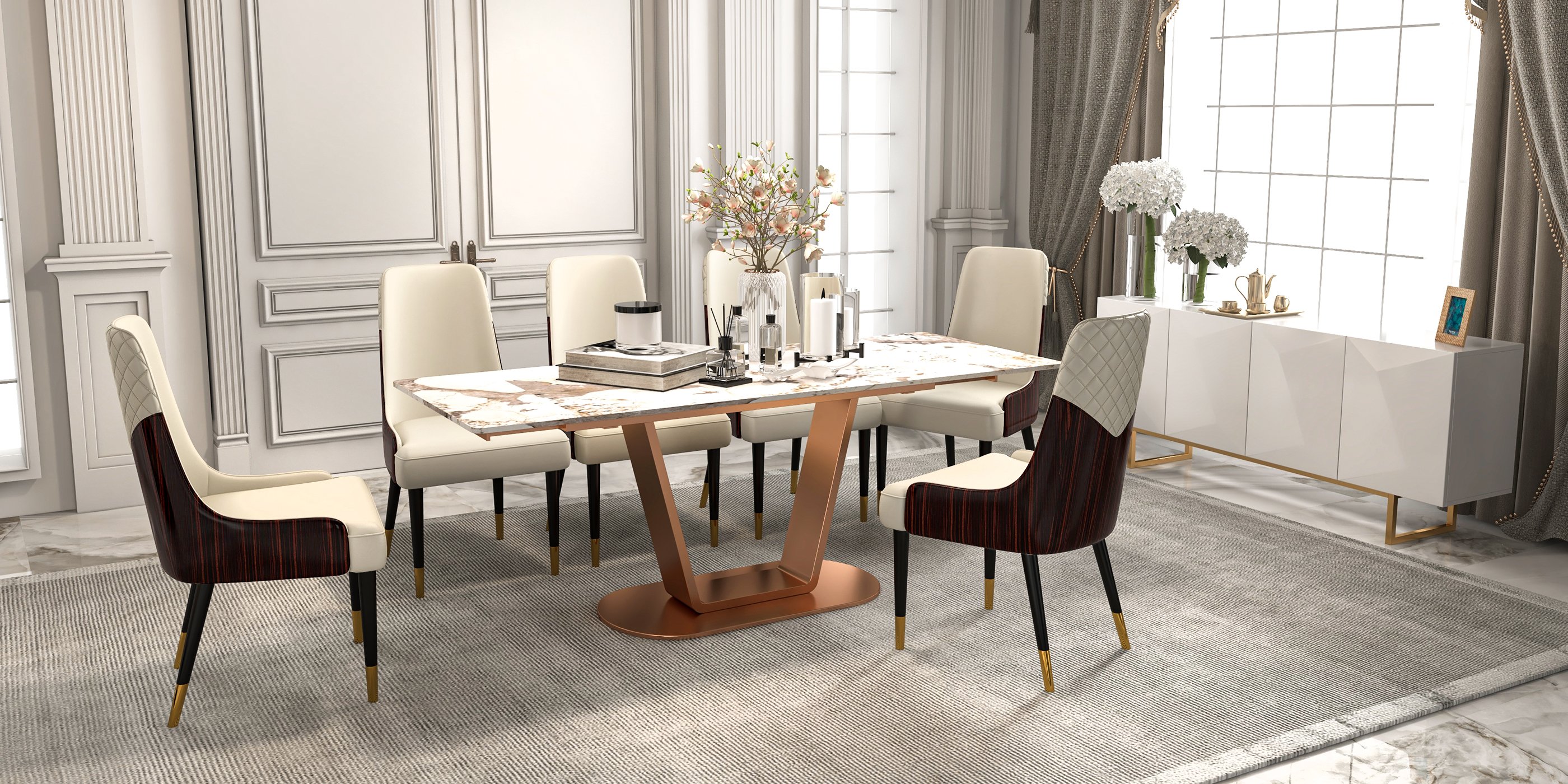 HMR - 63"-94.5" Modern Rectangle Extendable Sintered Stone Dining Table Seats 6-8 People