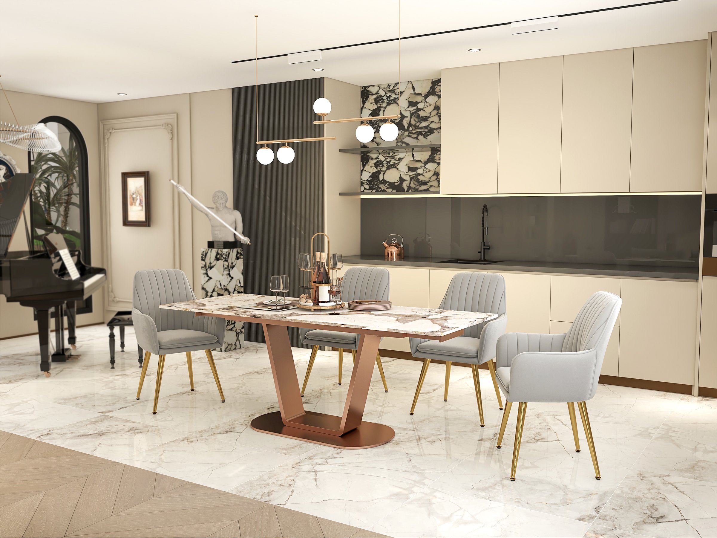 HMR - 63"-94.5" Modern Rectangle Extendable Sintered Stone Dining Table Seats 6-8 People