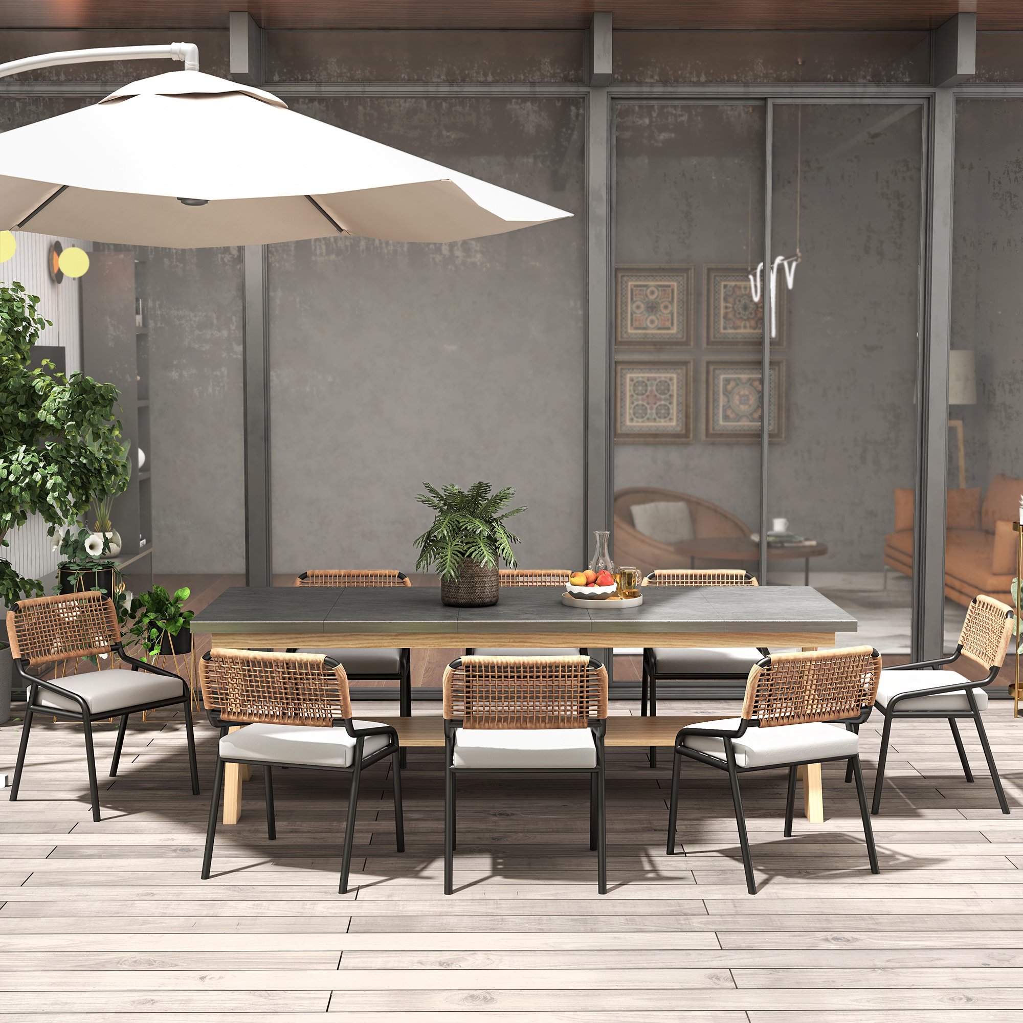 HMR - 9-Pieces Mid Century Modern Outdoor Dining Set Rectangle Table & Aluminum Rattan Chair