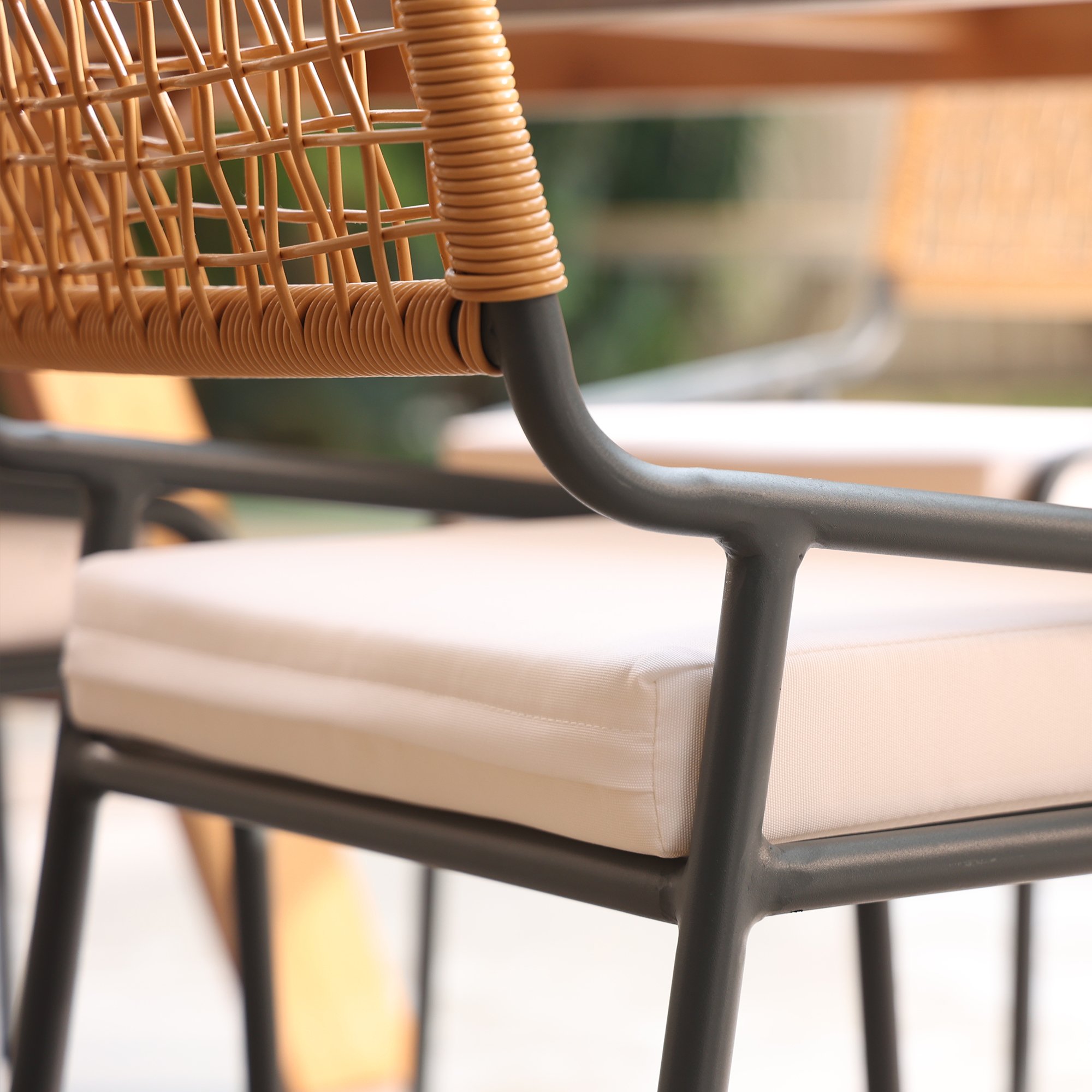 HMR - 9-Pieces Mid Century Modern Outdoor Dining Set Rectangle Table & Aluminum Rattan Chair