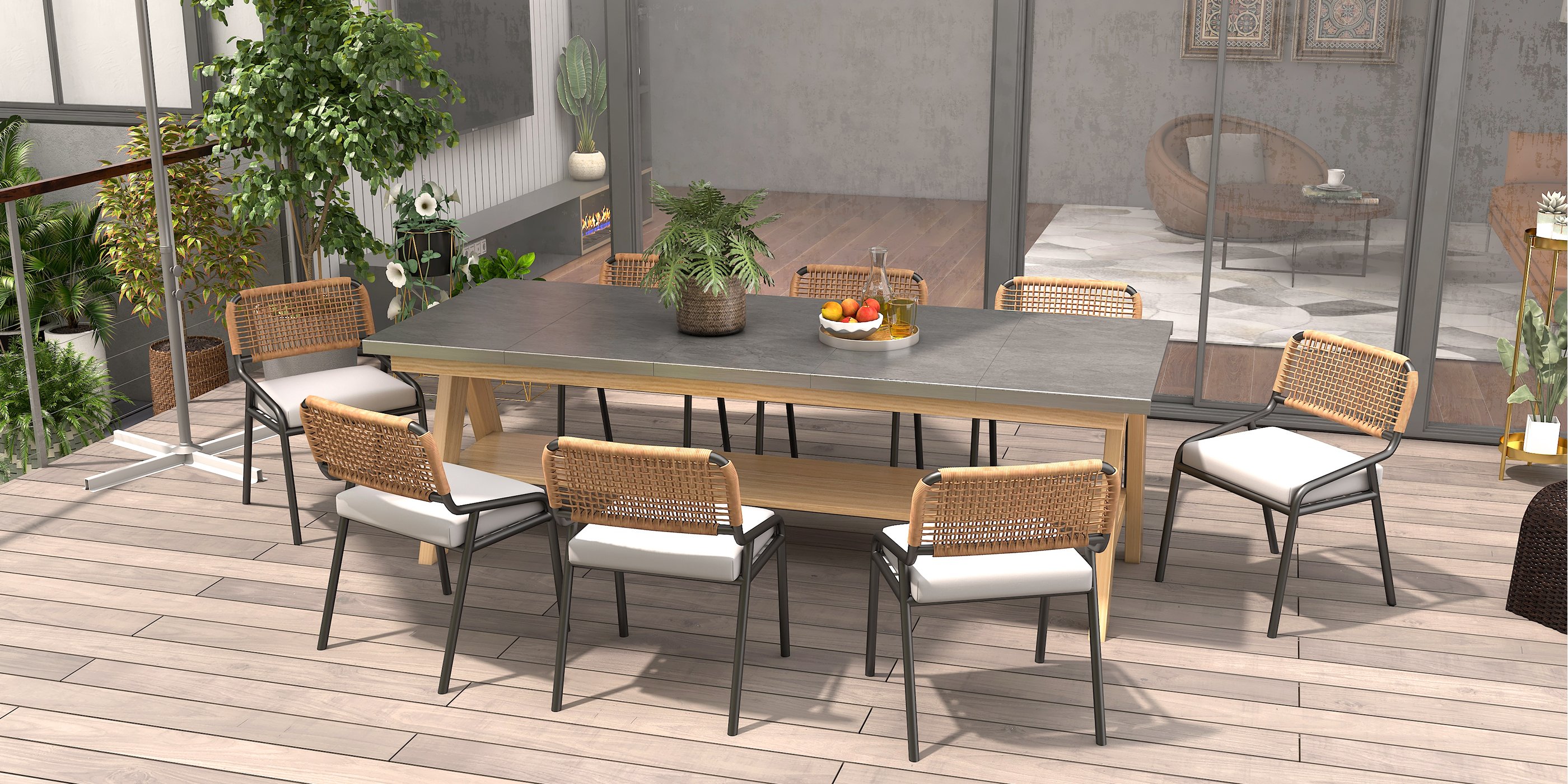 HMR - 9-Pieces Mid Century Modern Outdoor Dining Set Rectangle Table & Aluminum Rattan Chair