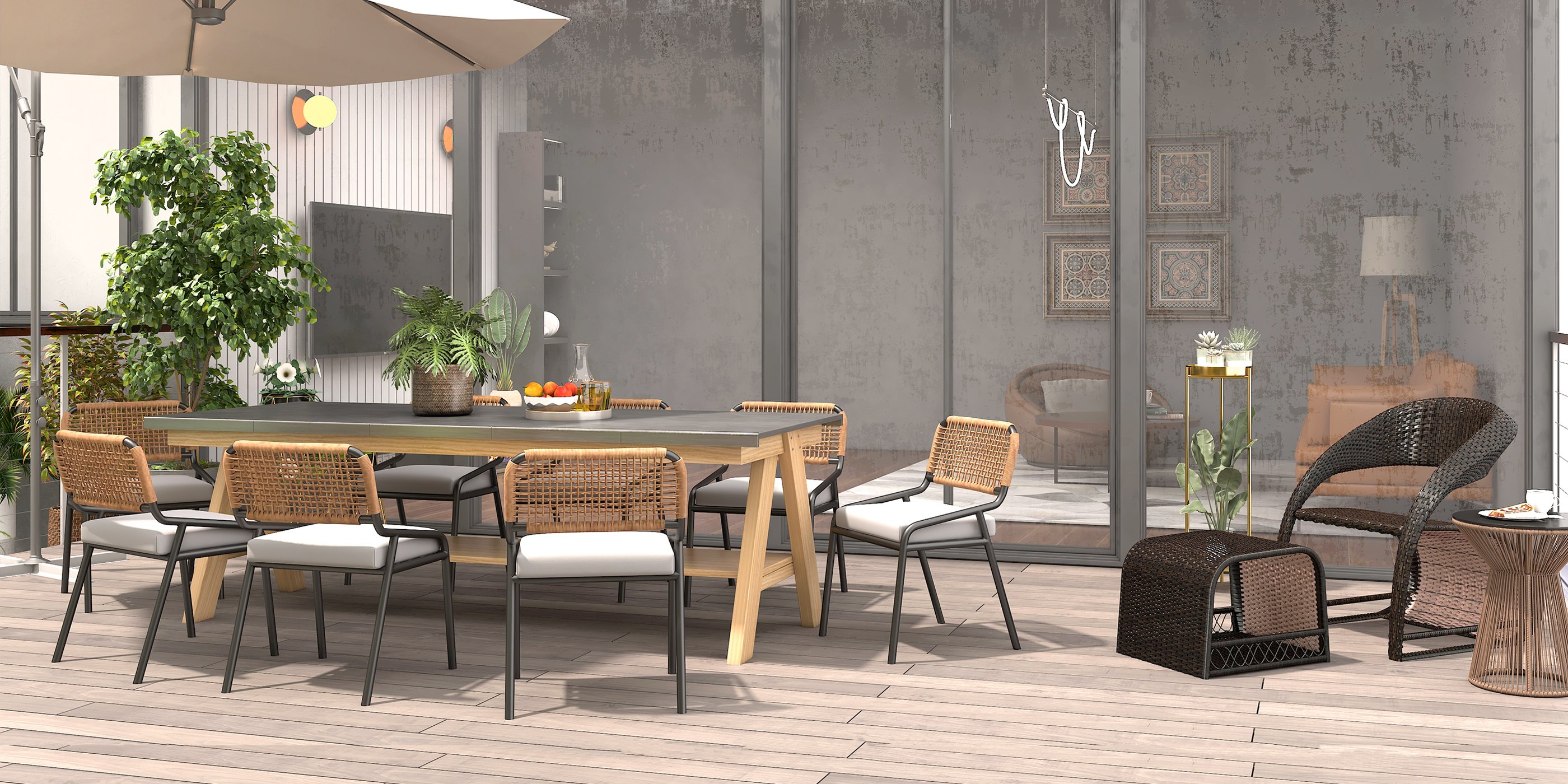 HMR - 9-Pieces Mid Century Modern Outdoor Dining Set Rectangle Table & Aluminum Rattan Chair