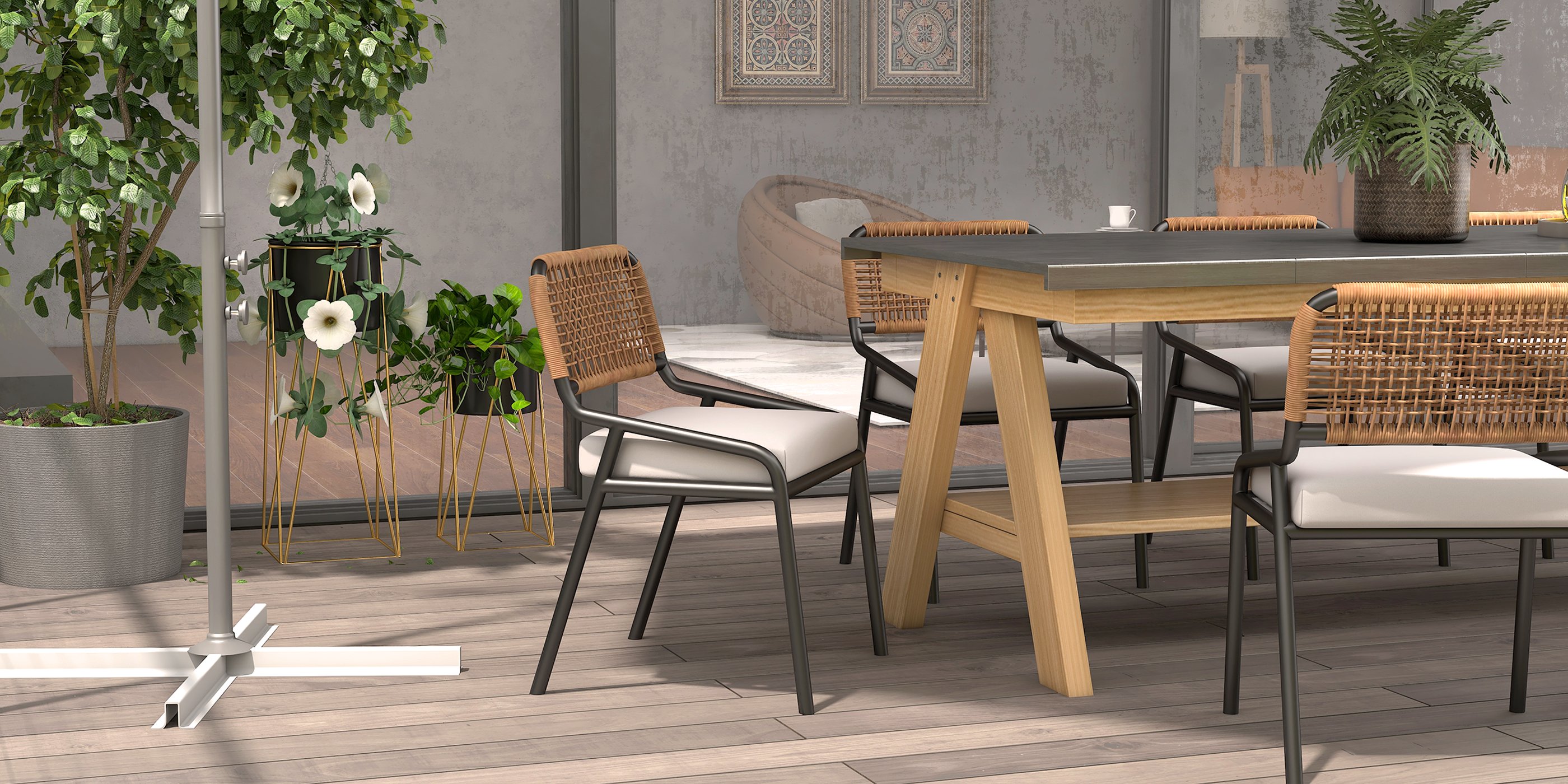 HMR - 9-Pieces Mid Century Modern Outdoor Dining Set Rectangle Table & Aluminum Rattan Chair