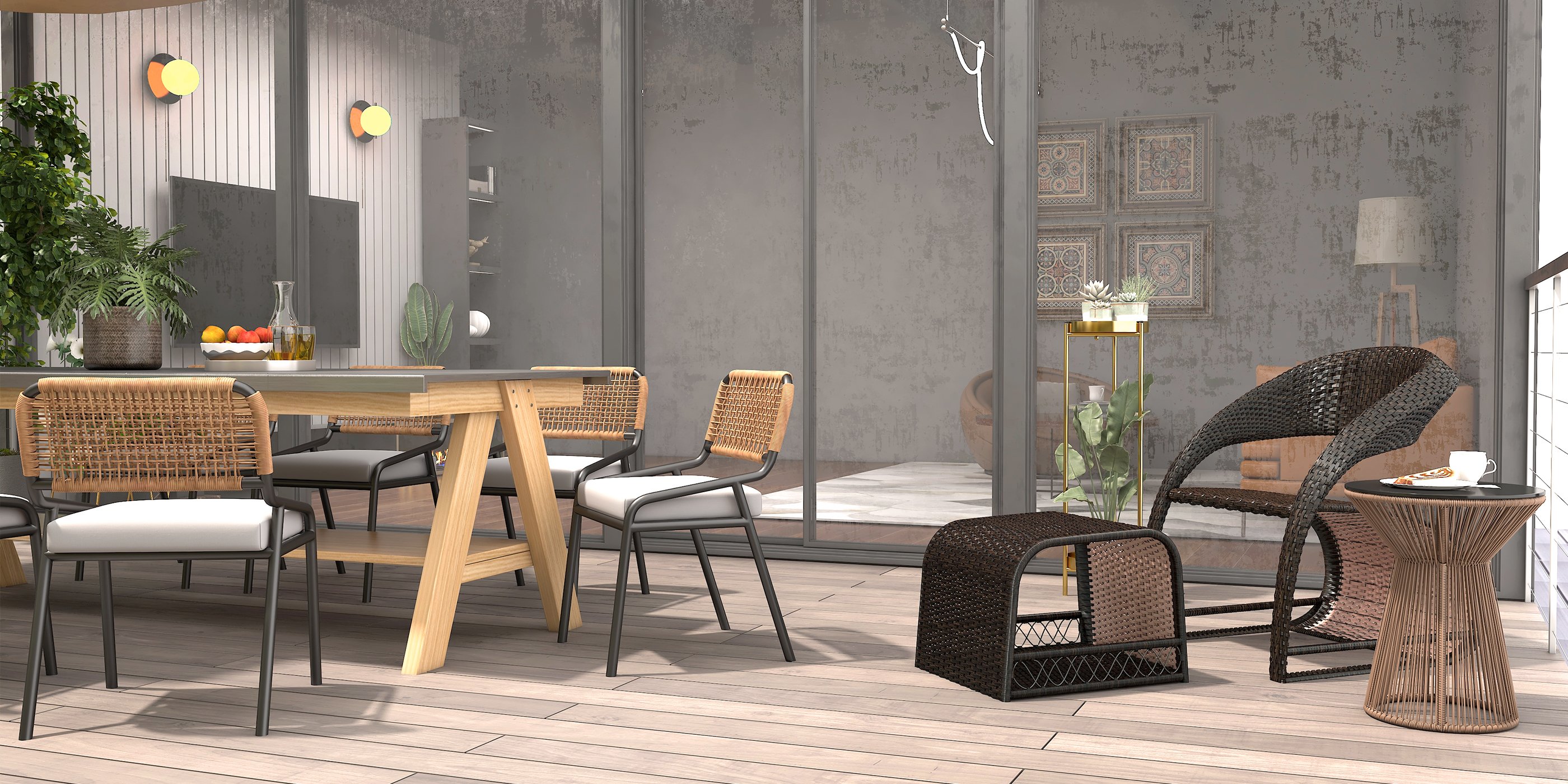 HMR - 9-Pieces Mid Century Modern Outdoor Dining Set Rectangle Table & Aluminum Rattan Chair