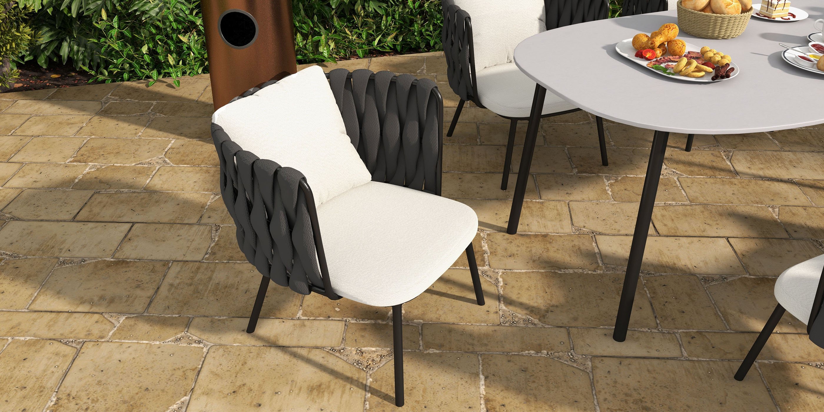 HMR Outdoor Faux Marble Top Dining Table Set with Rope Woven Armchairs - Beige & Gray, 70.9" (7-Pieces)