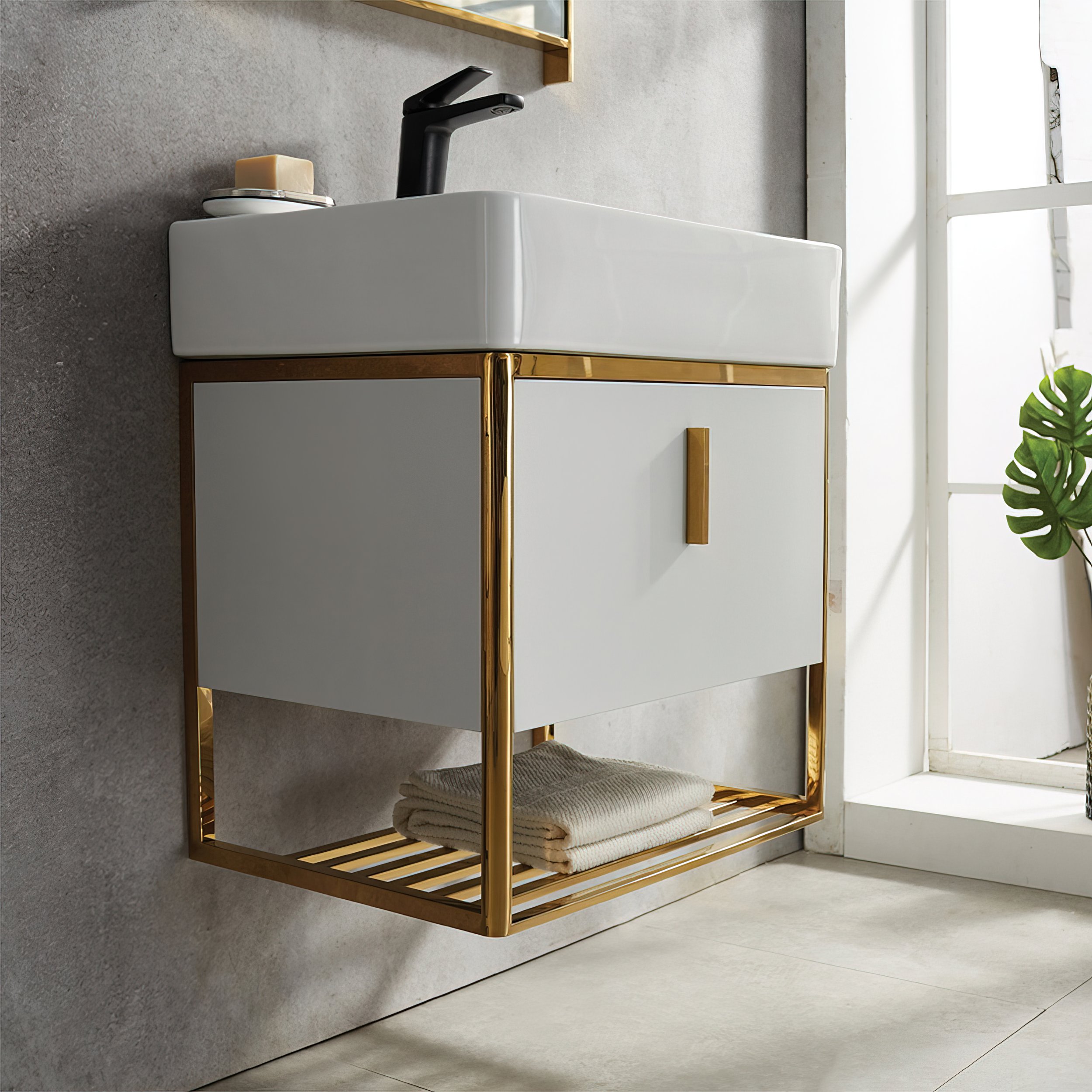 HMR - 23.6" Modern Floating Bathroom Vanity with Drawer Shelf Single Ceramic Sink Small