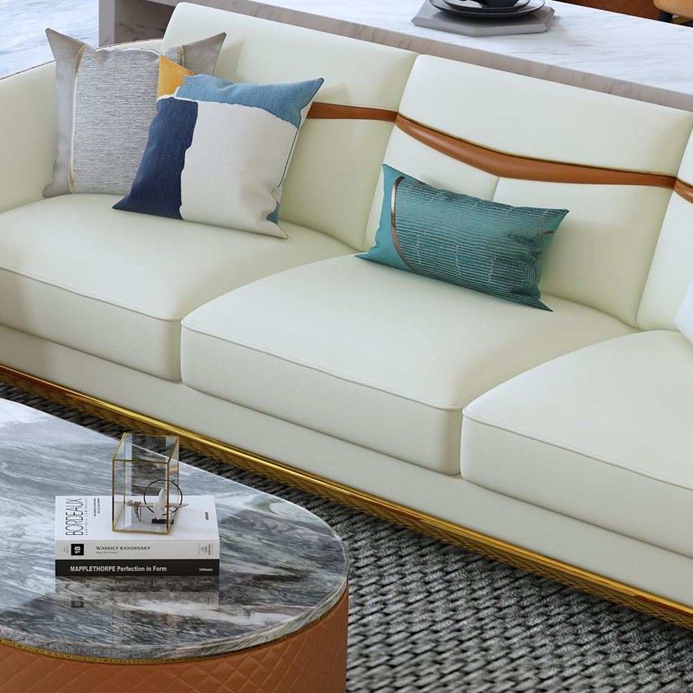 HMR - Colorg Orange Faux Leather Living Room Sofa with Single Sofa & Loveseat Set of 3