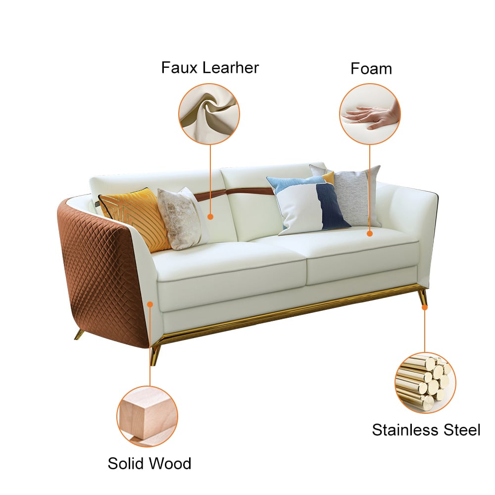 HMR - Colorg Orange Faux Leather Living Room Sofa with Single Sofa & Loveseat Set of 3