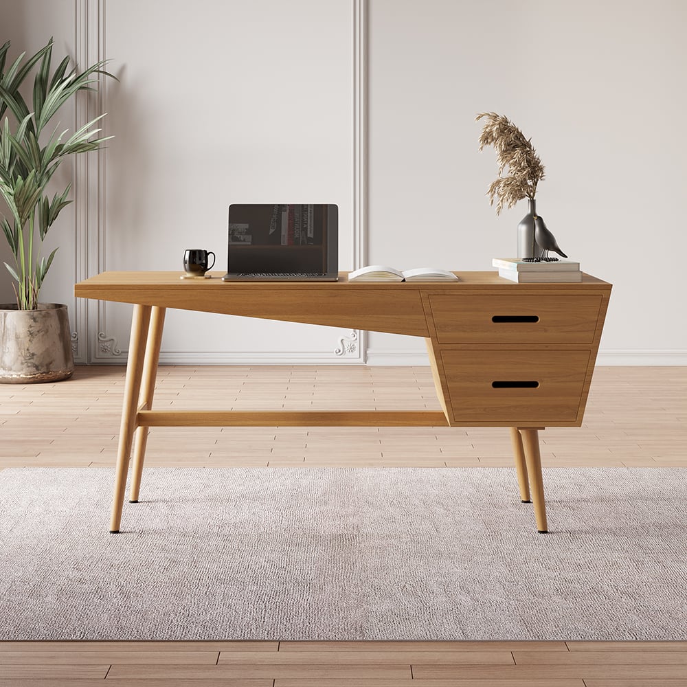HMR - 59.1" Mid Century Modern Natural Writing Desk Wooden Computer Desk with 2 Drawers 4 Legs
