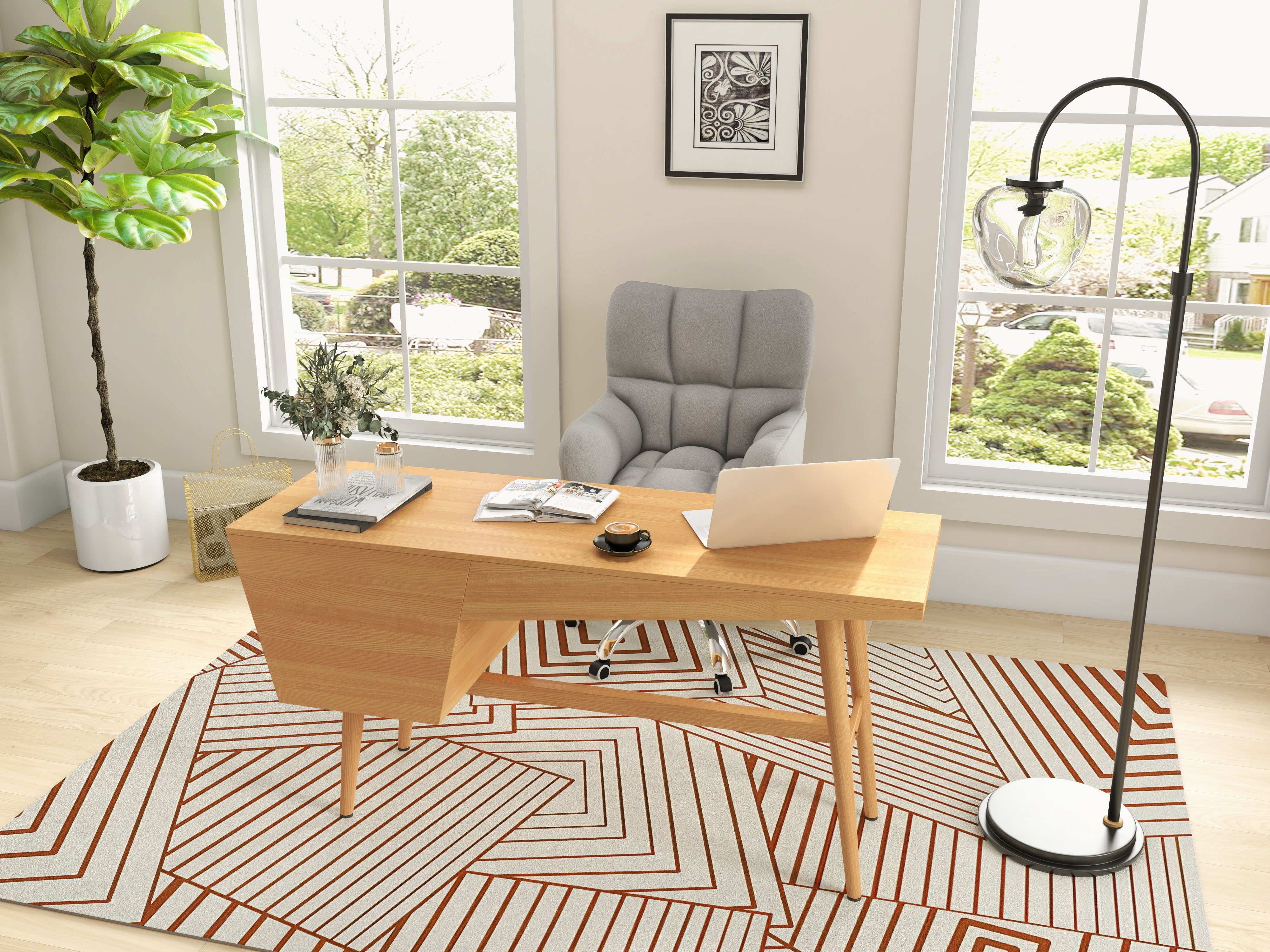 HMR - 59.1" Mid Century Modern Natural Writing Desk Wooden Computer Desk with 2 Drawers 4 Legs