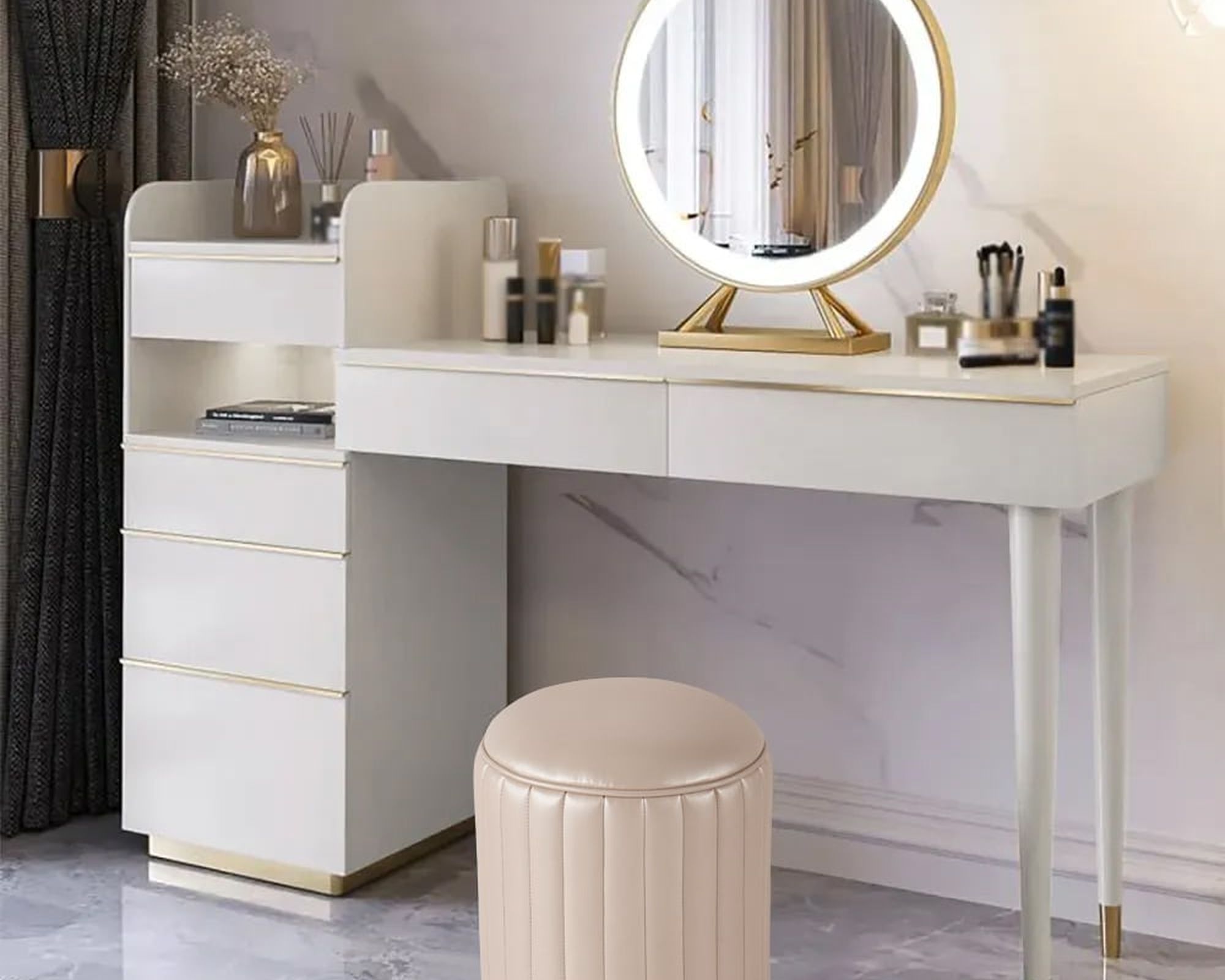 HMR - Modern Makeup Vanity Set Dressing Table with Lighted Mirror Cabinet & Stool Included
