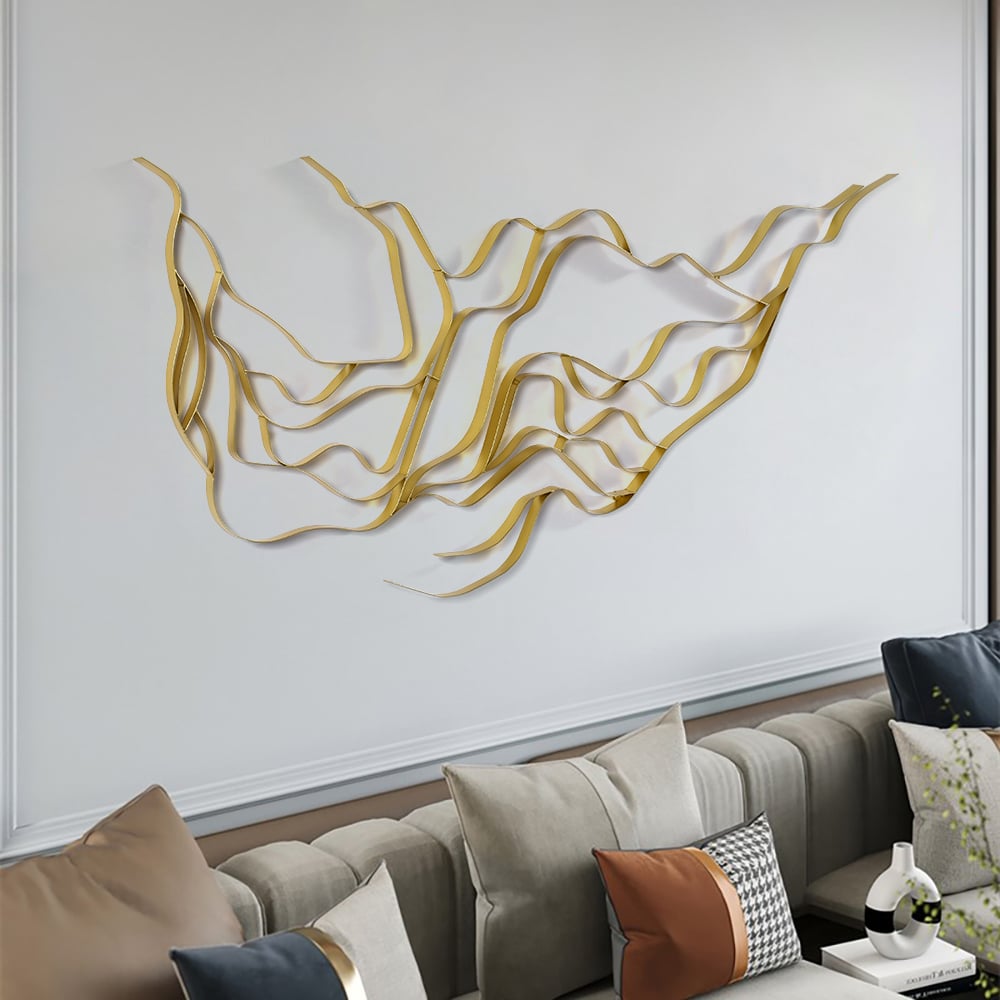 HMR - Luxury Abstract Wavy Lines Wall Decor Irregular Metal Wall Art in Gold for Living Room