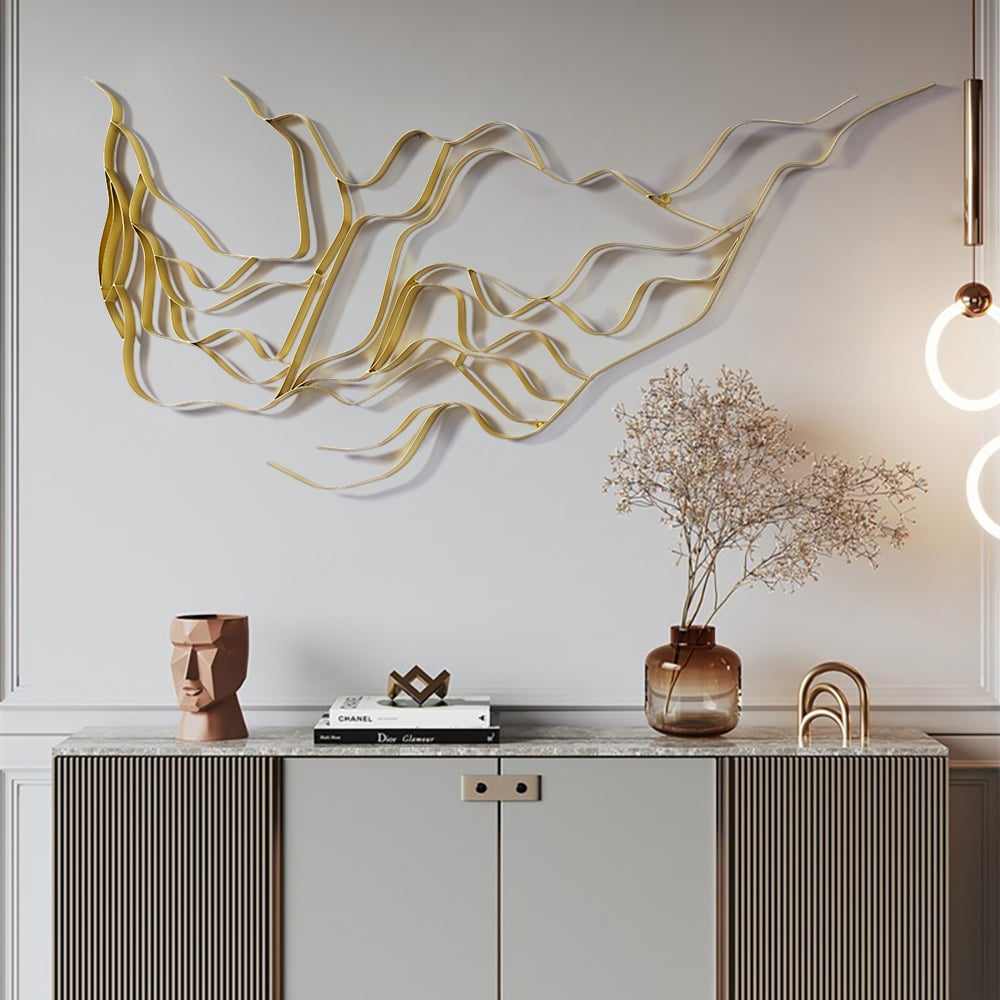 HMR - Luxury Abstract Wavy Lines Wall Decor Irregular Metal Wall Art in Gold for Living Room