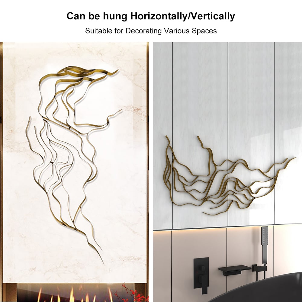 HMR - Luxury Abstract Wavy Lines Wall Decor Irregular Metal Wall Art in Gold for Living Room