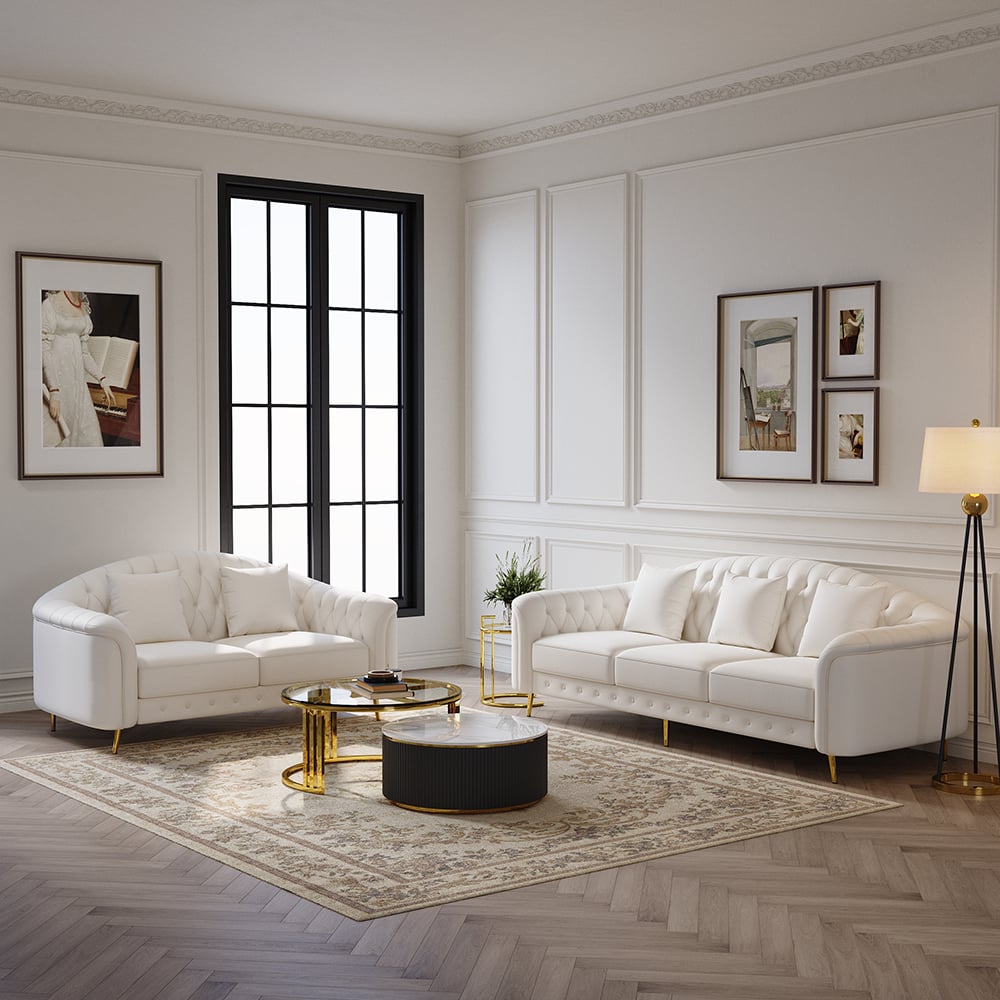HMR - 3-Pieces Beige Leather Sofa and Loveseat Living Room Set with Pillows