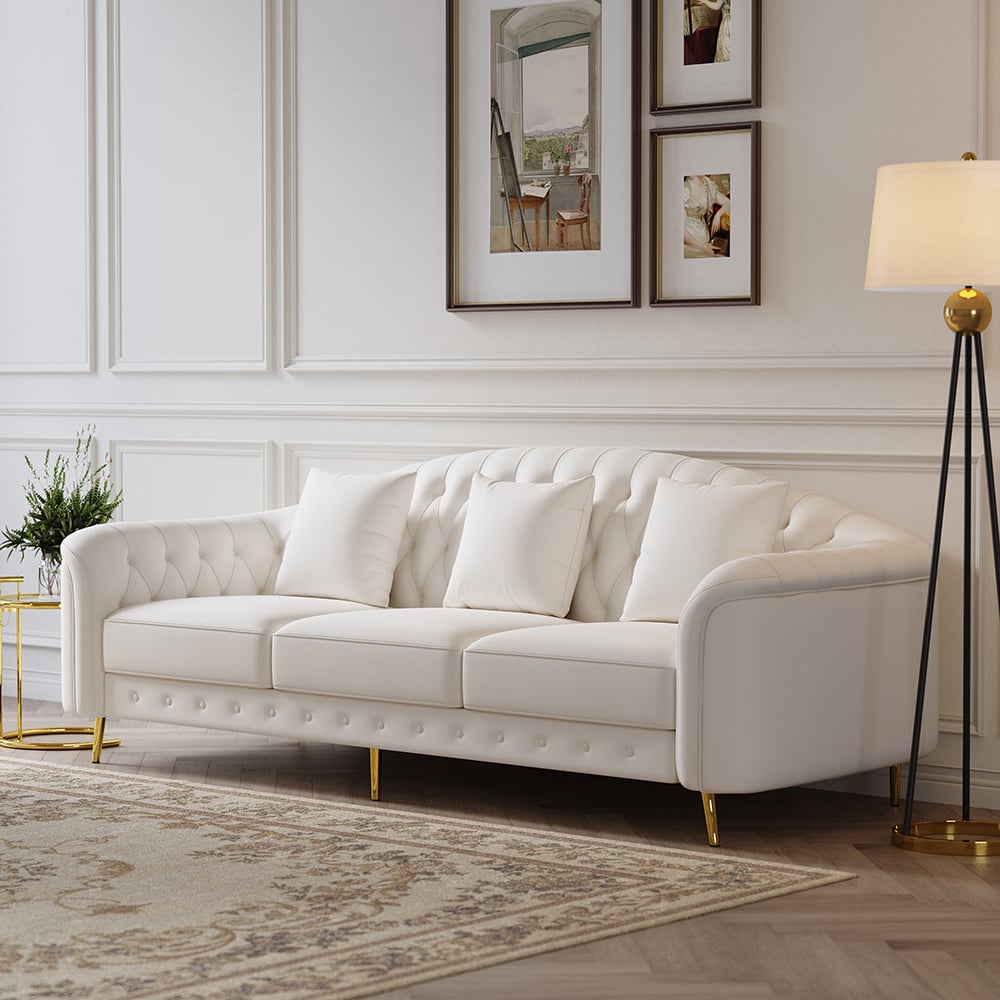 HMR - 3-Pieces Beige Leather Sofa and Loveseat Living Room Set with Pillows