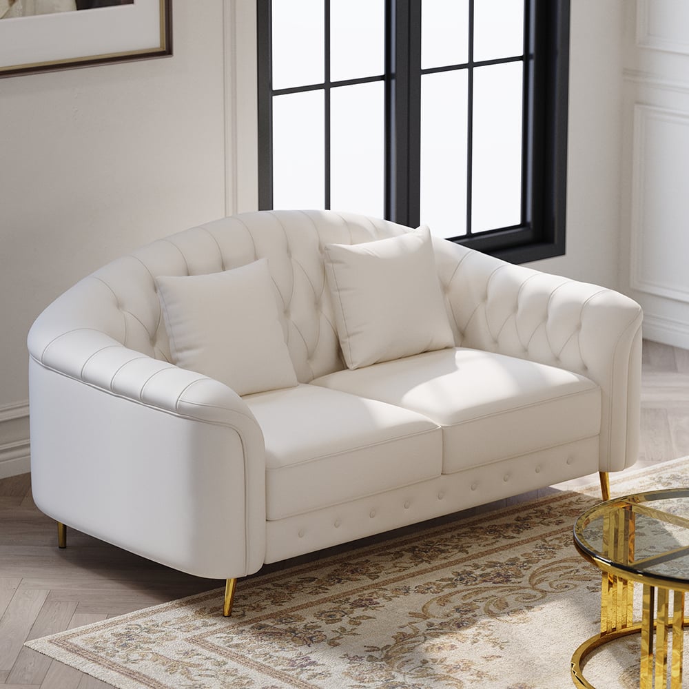 HMR - 3-Pieces Beige Leather Sofa and Loveseat Living Room Set with Pillows