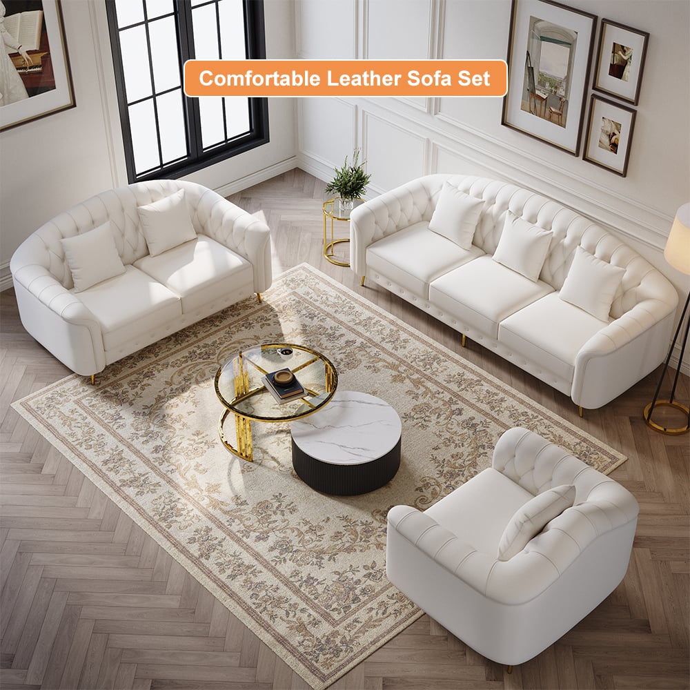 HMR - 3-Pieces Beige Leather Sofa and Loveseat Living Room Set with Pillows