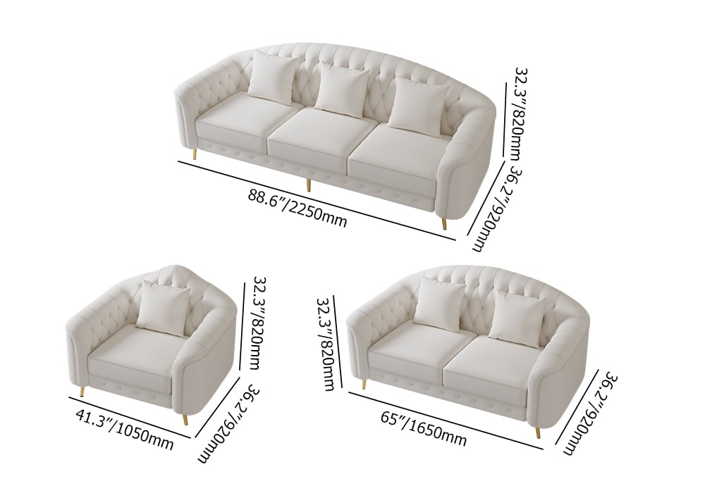 HMR - 3-Pieces Beige Leather Sofa and Loveseat Living Room Set with Pillows