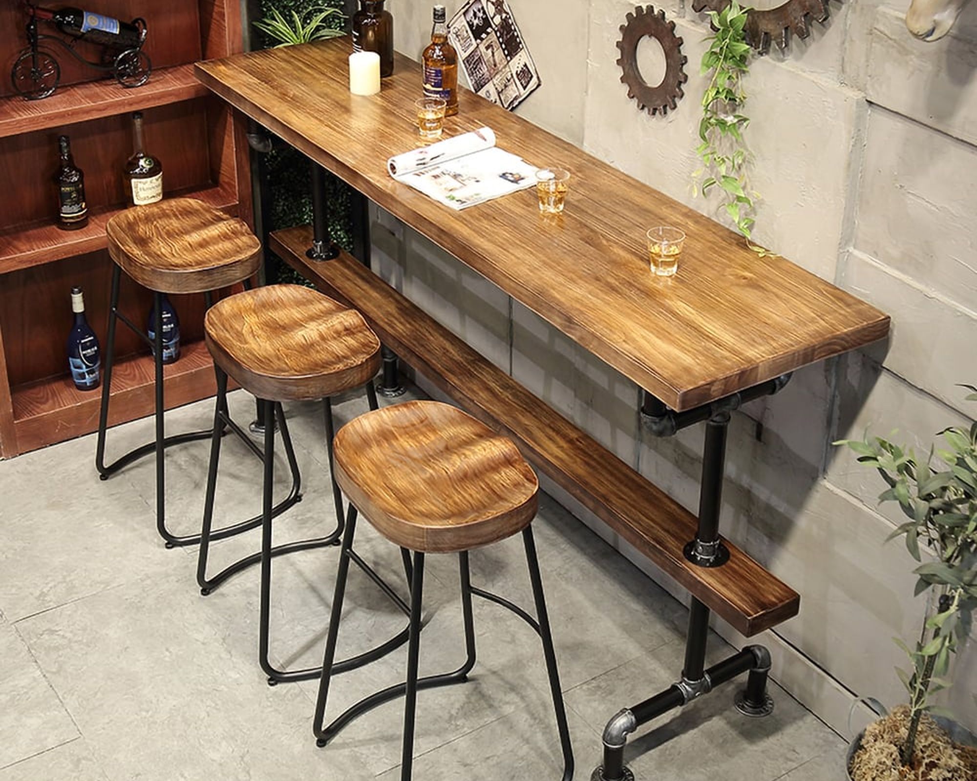 HMR - Industrial Bar Table with 6 Bar Stools Seats 4-6 People (Bar Set)