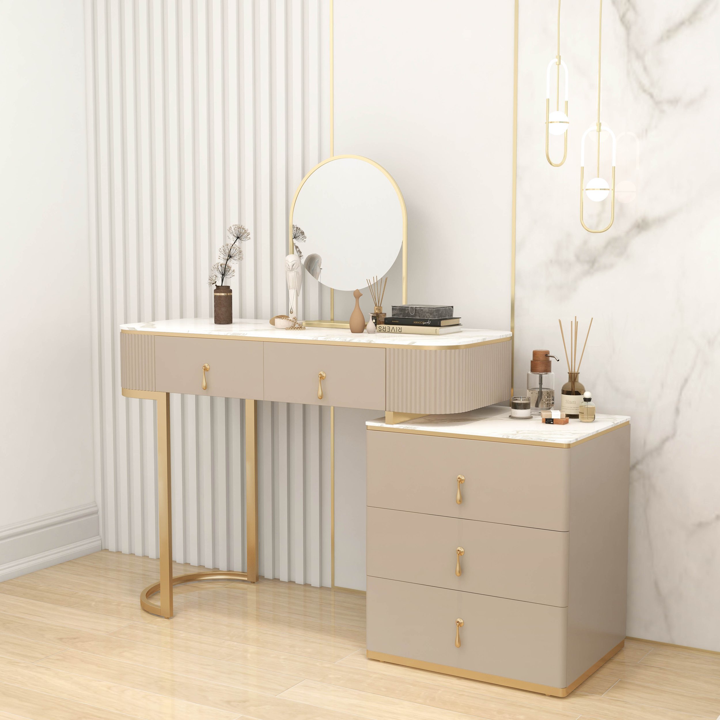 HMR - Nordic Makeup Vanity Extendable with 5-Drawer Dressing Table with Stone Top in Champagne