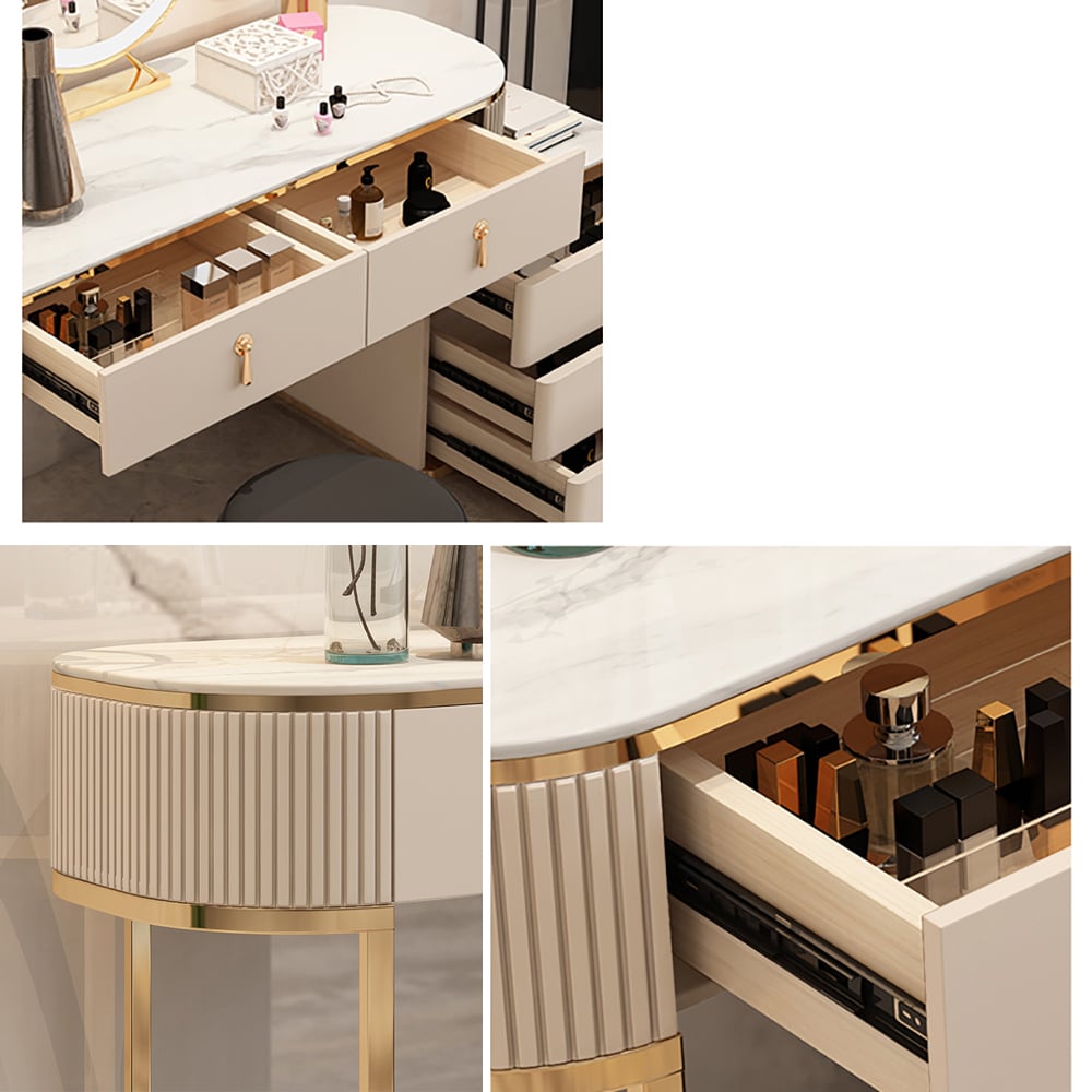 HMR - Nordic Makeup Vanity Extendable with 5-Drawer Dressing Table with Stone Top in Champagne
