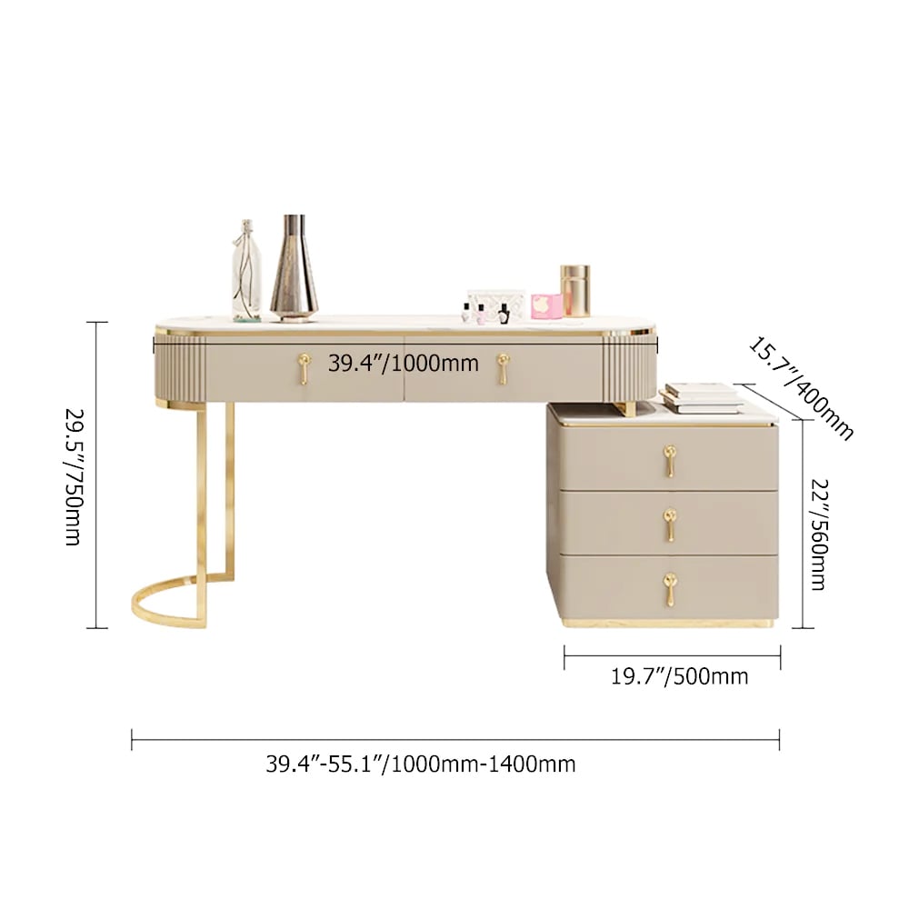 HMR - Nordic Makeup Vanity Extendable with 5-Drawer Dressing Table with Stone Top in Champagne