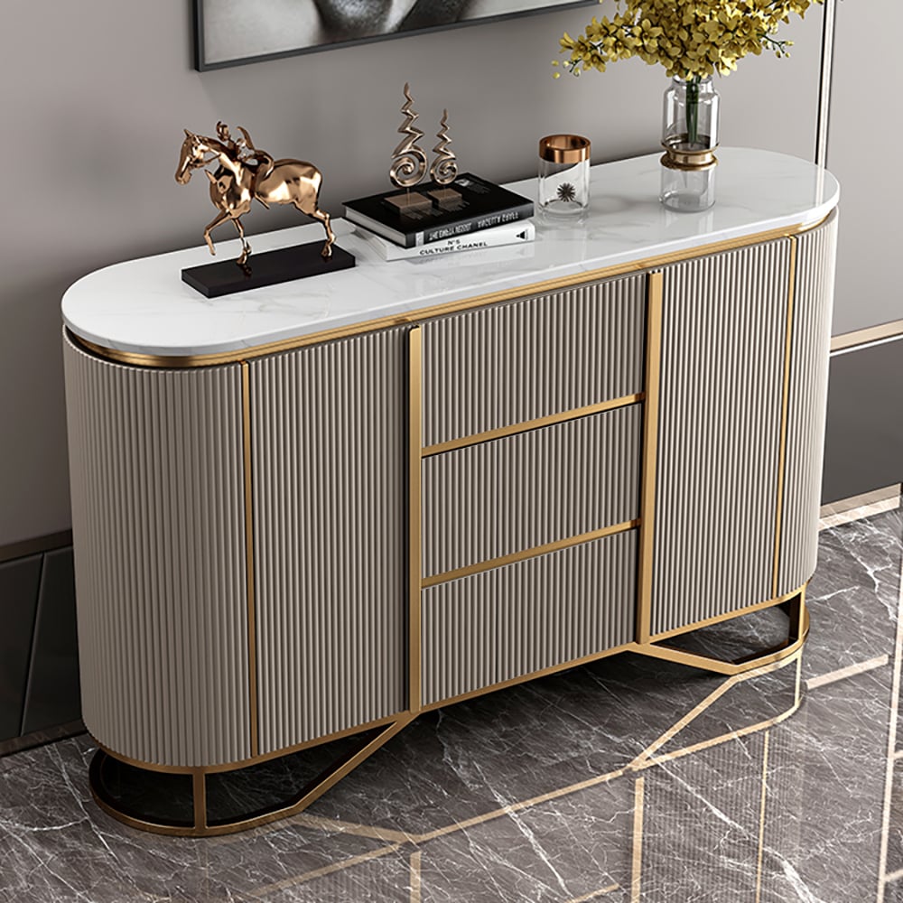 HMR - Faux Marble Top Sideboard with Stainless Steel Base in White