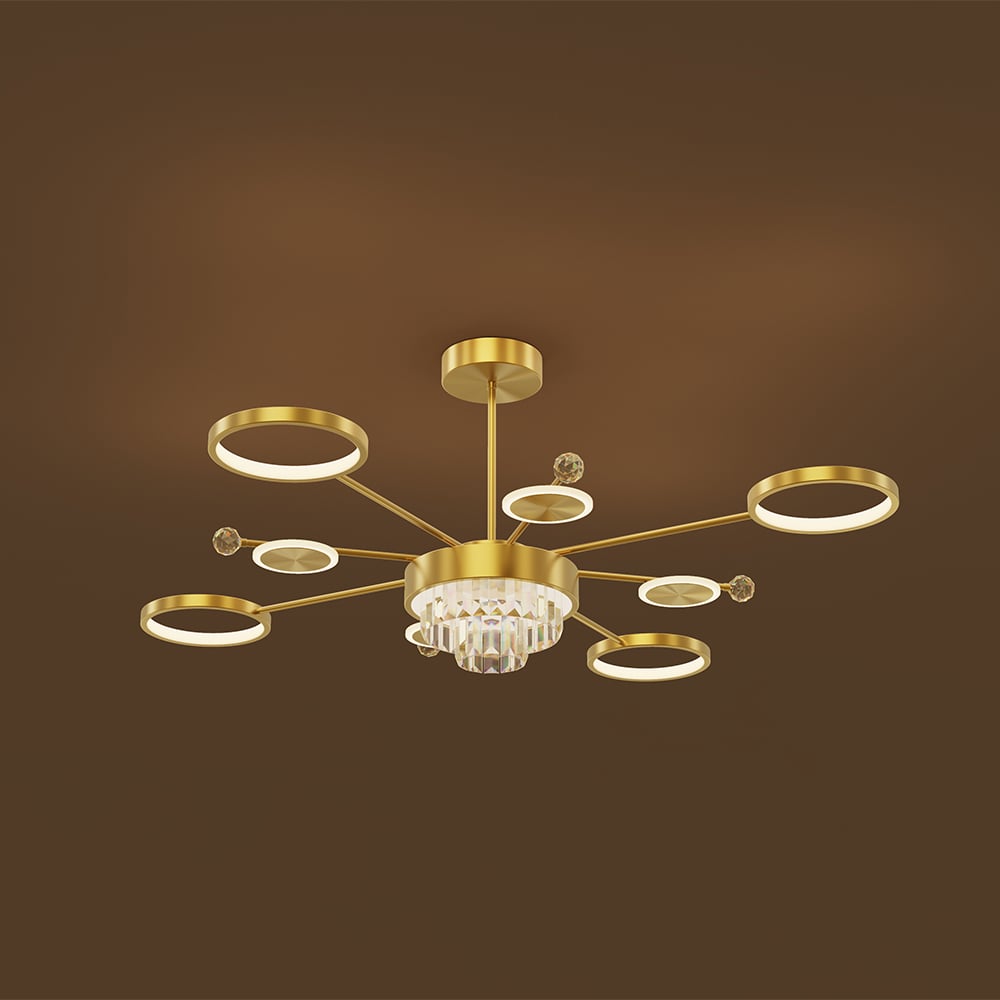 HMR - Gold LED Chandelier 9-Light Sputnik Ceiling Light with Crystal Accents