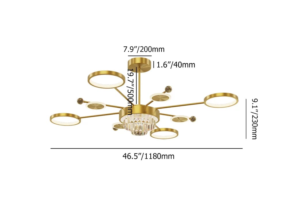 HMR - Gold LED Chandelier 9-Light Sputnik Ceiling Light with Crystal Accents