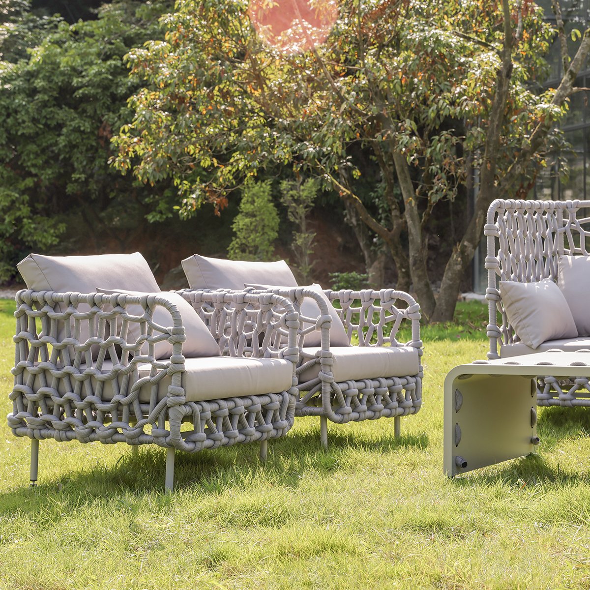 HMR - 6-Pieces Aluminum & Rope Outdoor Sofa Set with Coffee Table and Cushion Pillow in Gray