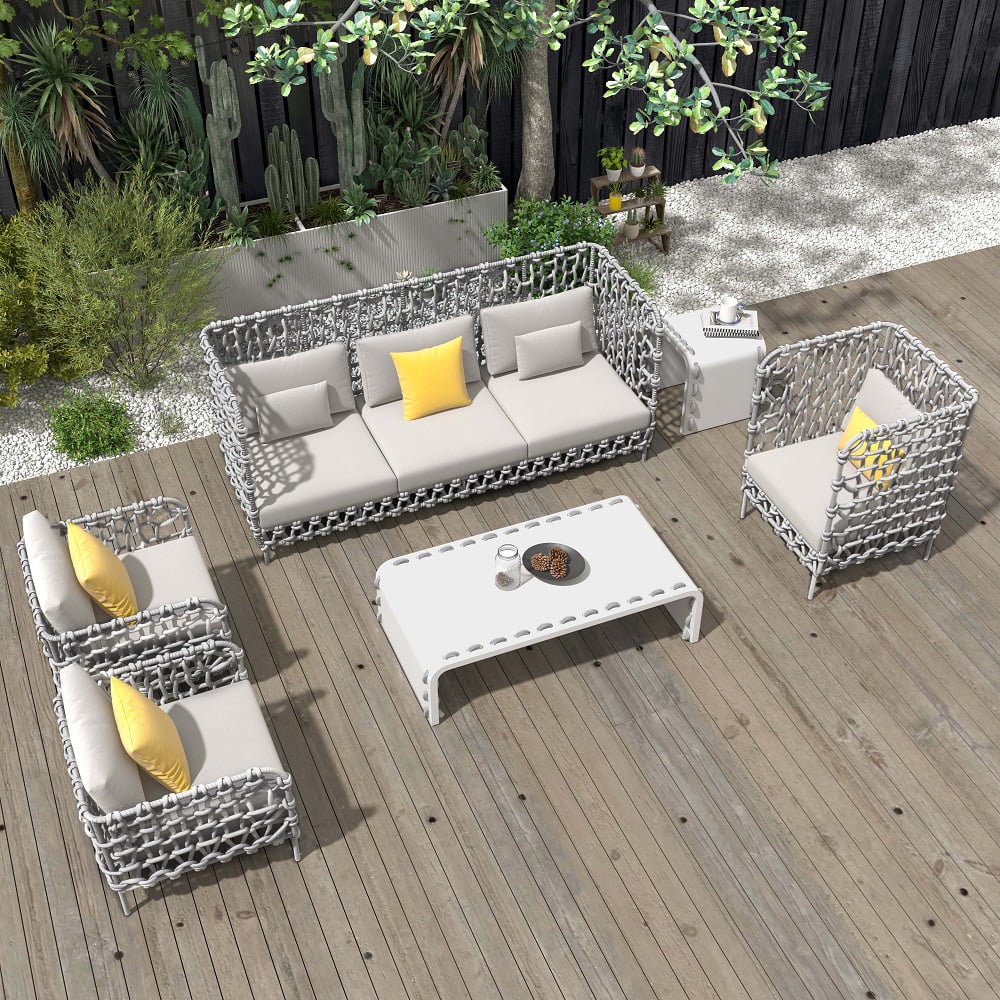 HMR - 6-Pieces Aluminum & Rope Outdoor Sofa Set with Coffee Table and Cushion Pillow in Gray