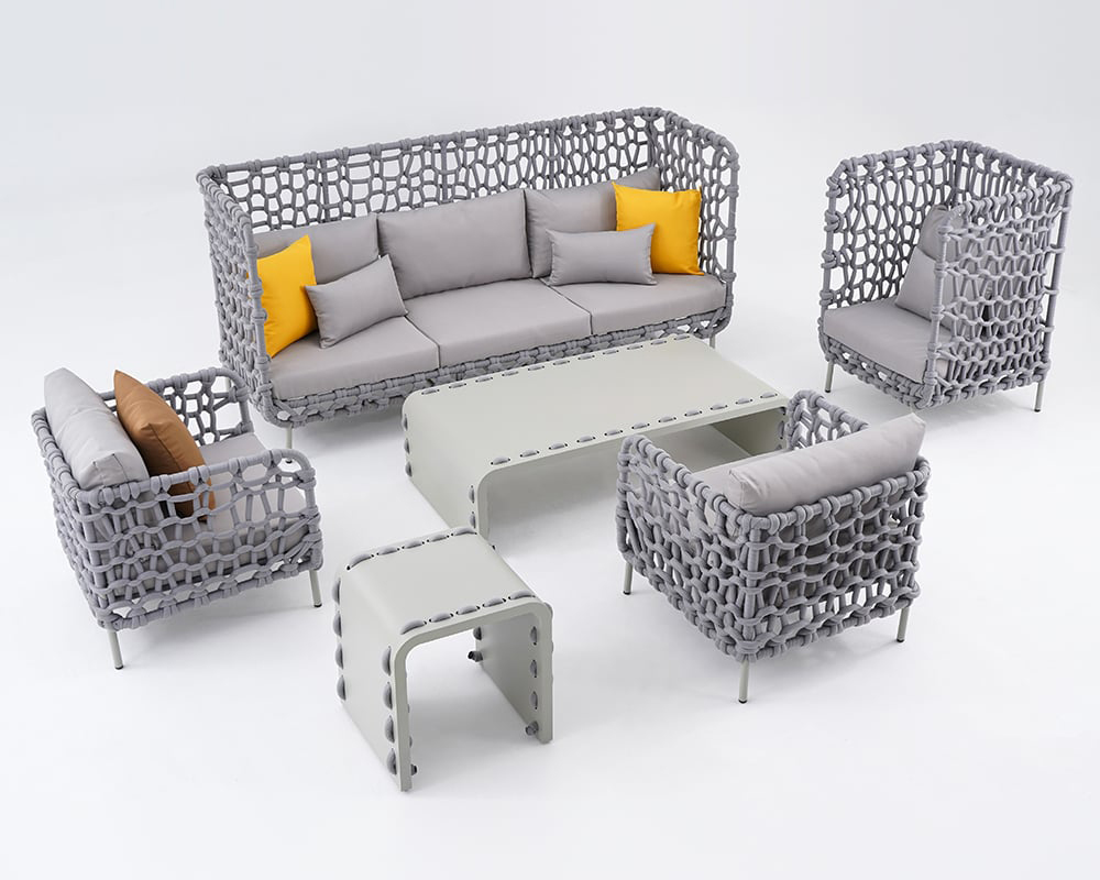 HMR - 6-Pieces Aluminum & Rope Outdoor Sofa Set with Coffee Table and Cushion Pillow in Gray