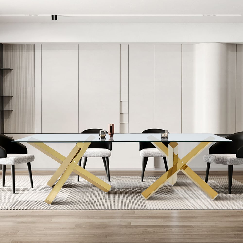 HMR - 94.5" Rectangle Tempered Glass Dining Table Seats 6-8 People