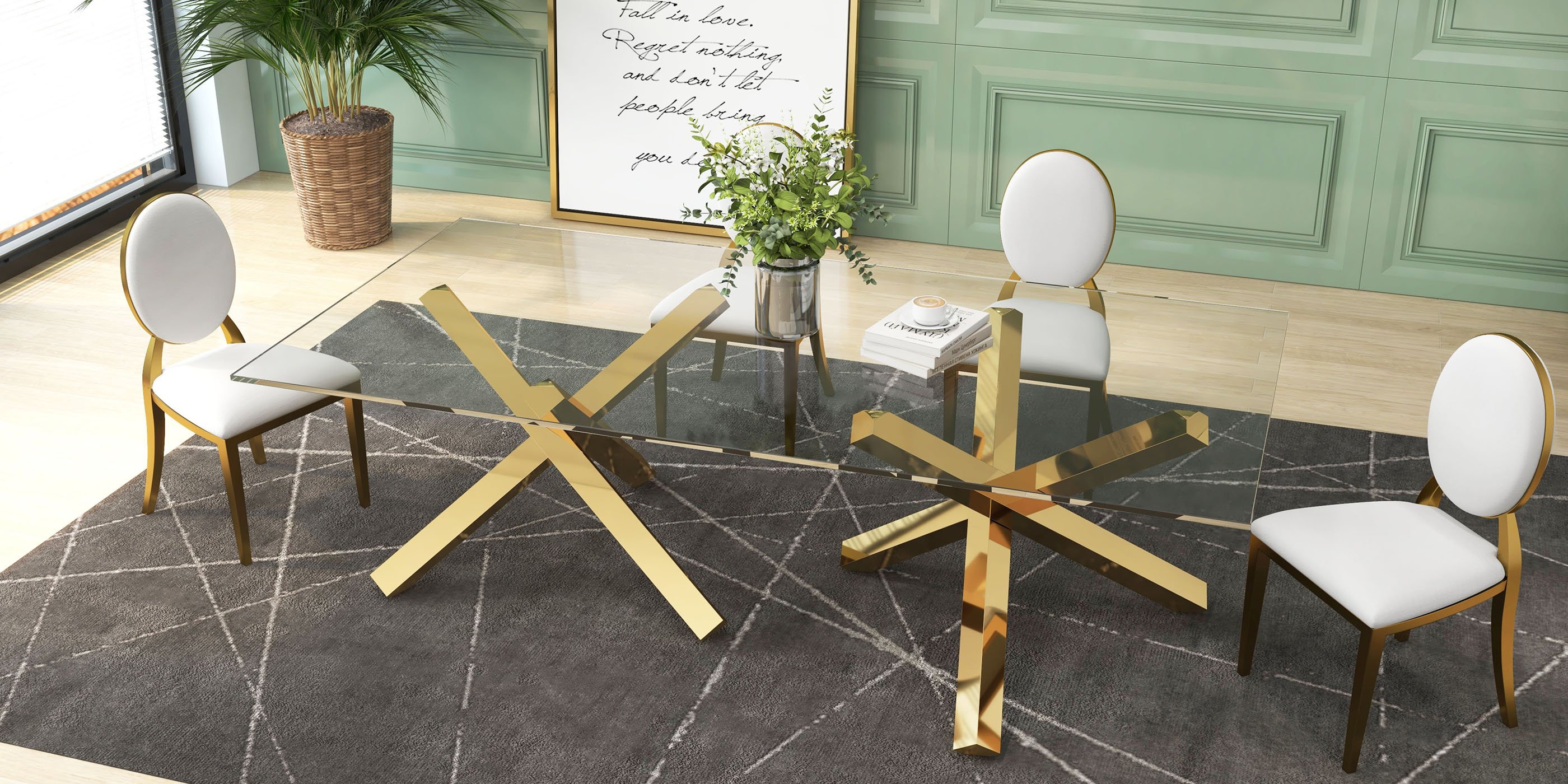 HMR - 94.5" Rectangle Tempered Glass Dining Table Seats 6-8 People