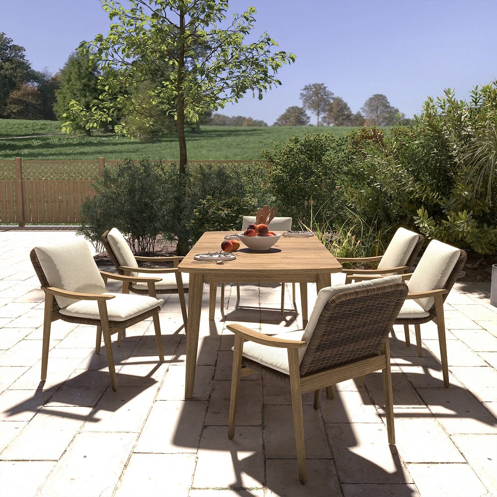 HMR - 7-Pieces Outdoor Patio Dining Set with Teak Wood Table and Chair in Natural & Gray