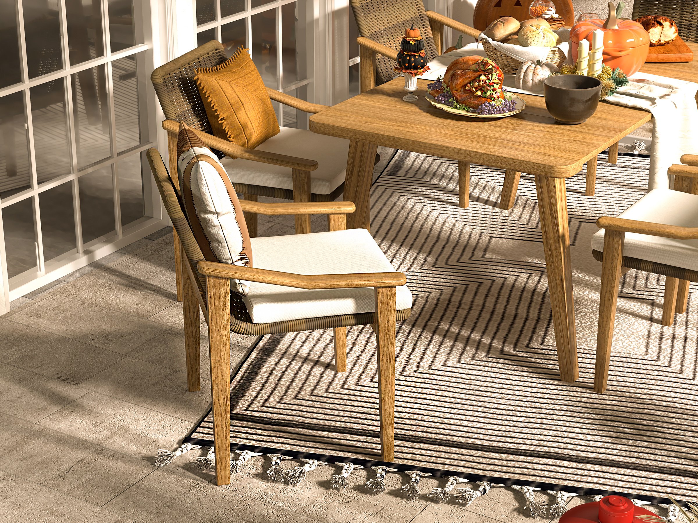 HMR - 7-Pieces Outdoor Patio Dining Set with Teak Wood Table and Chair in Natural & Gray