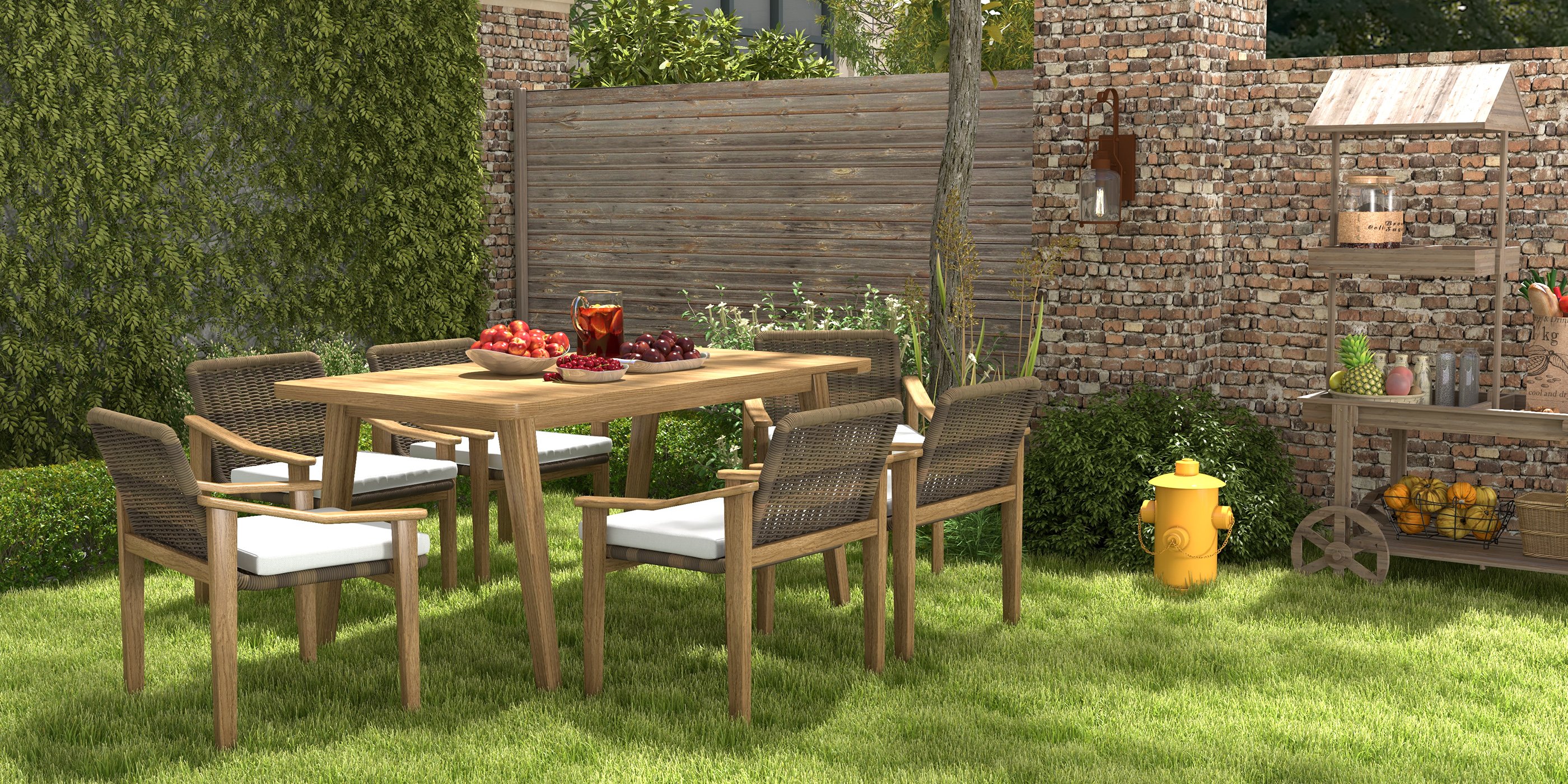 HMR - 7-Pieces Outdoor Patio Dining Set with Teak Wood Table and Chair in Natural & Gray