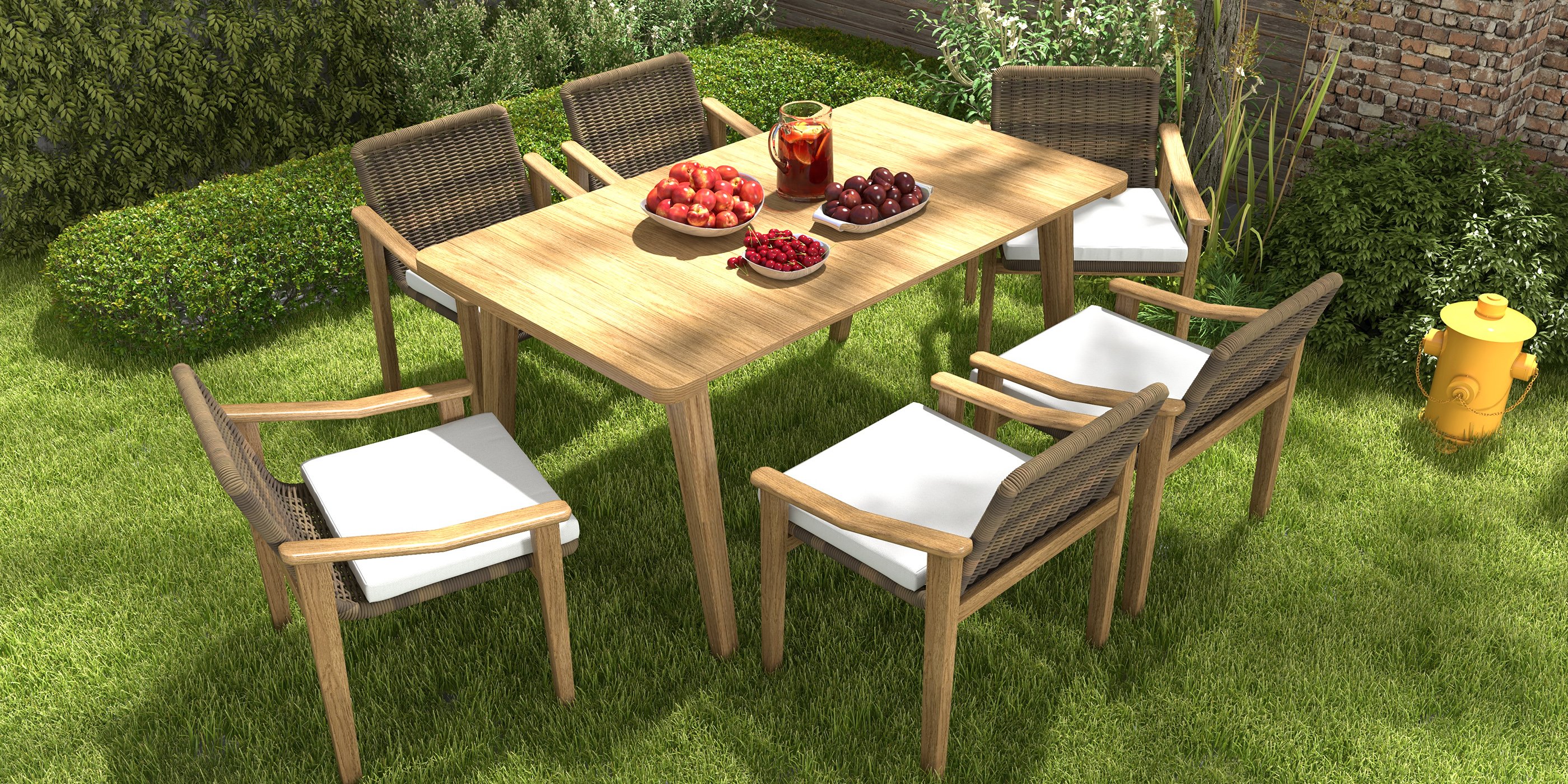 HMR - 7-Pieces Outdoor Patio Dining Set with Teak Wood Table and Chair in Natural & Gray