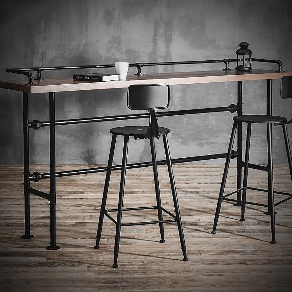HMR - 3-Pieces Industarial High Natural Bar Table Set with Stools with Metal Legs
