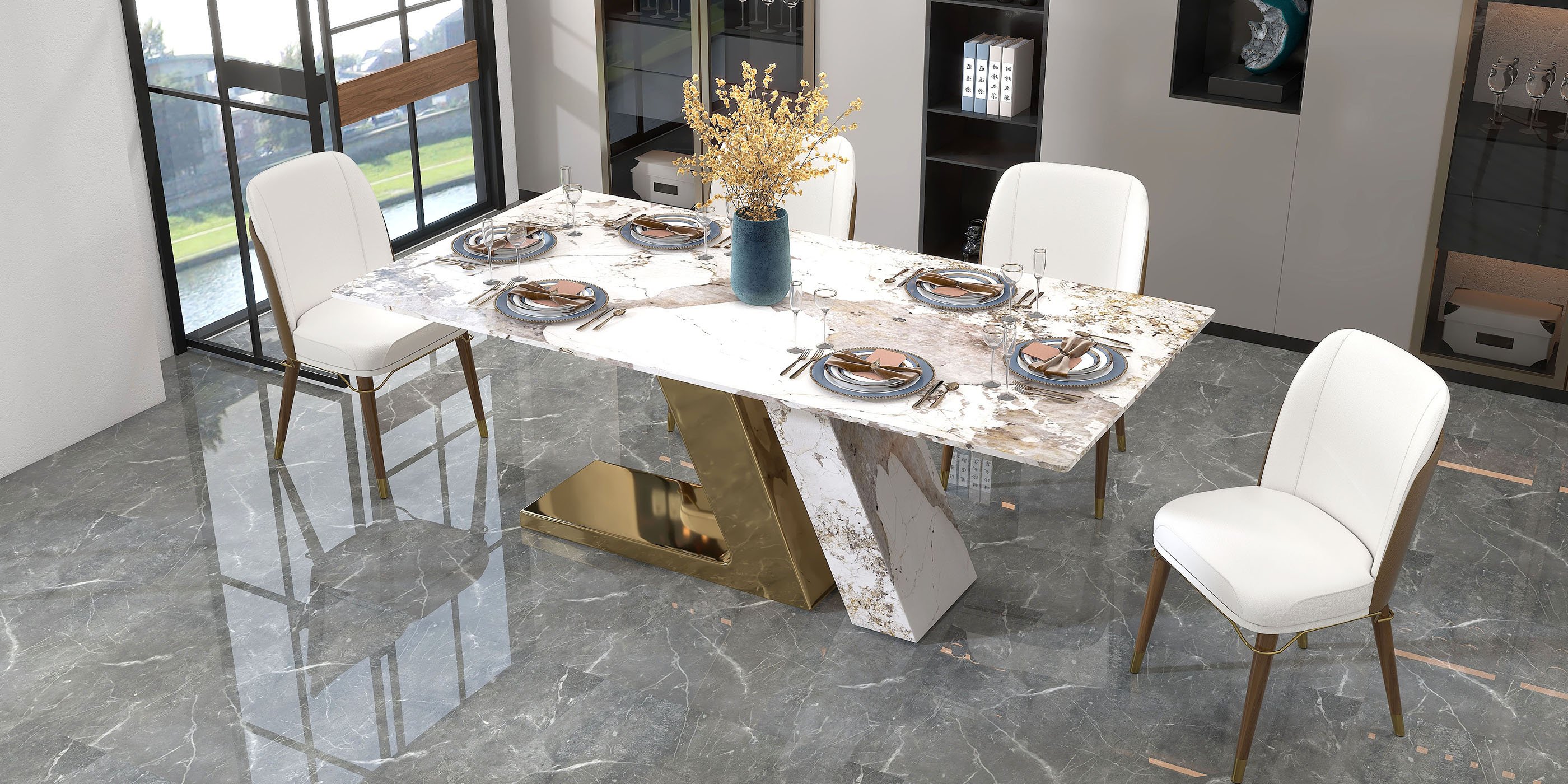 HMR Luxotic Series Modern Rectangle Sintered Stone Top Dining Table - 78.7" (Seats 6-8 People)