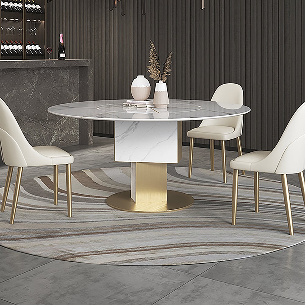 HMR - 59.1" Affordable Luxury Round Rotatable Sintered Stone Dining Table Seats 4-6 People
