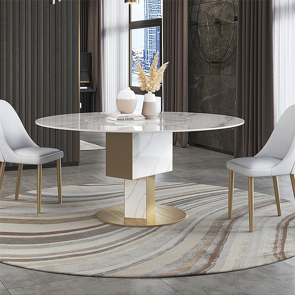 HMR - 59.1" Affordable Luxury Round Rotatable Sintered Stone Dining Table Seats 4-6 People