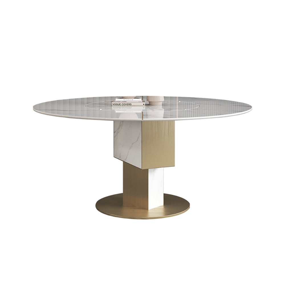 HMR - 59.1" Affordable Luxury Round Rotatable Sintered Stone Dining Table Seats 4-6 People