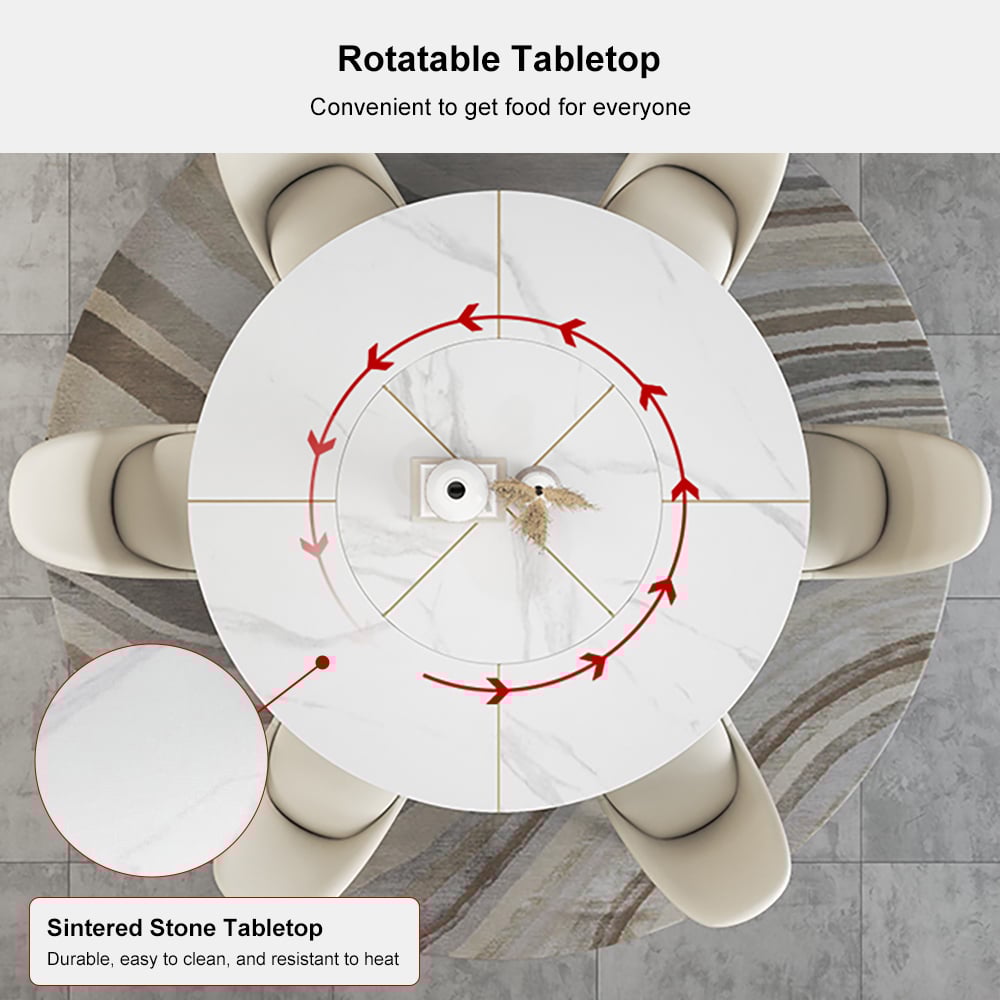 HMR - 59.1" Affordable Luxury Round Rotatable Sintered Stone Dining Table Seats 4-6 People
