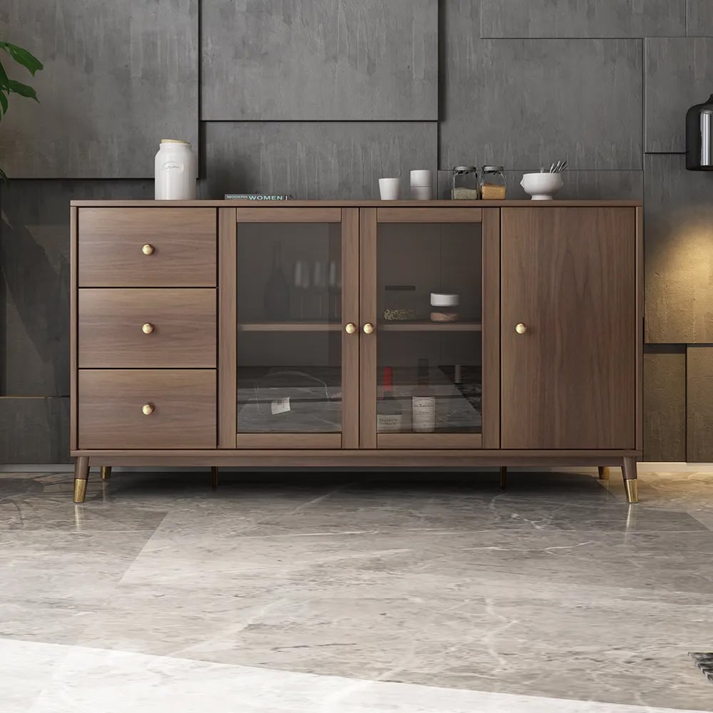 HMR - Ultic Modern Rectangle Sideboard Buffet with Ample Storages & Doors in Walnut