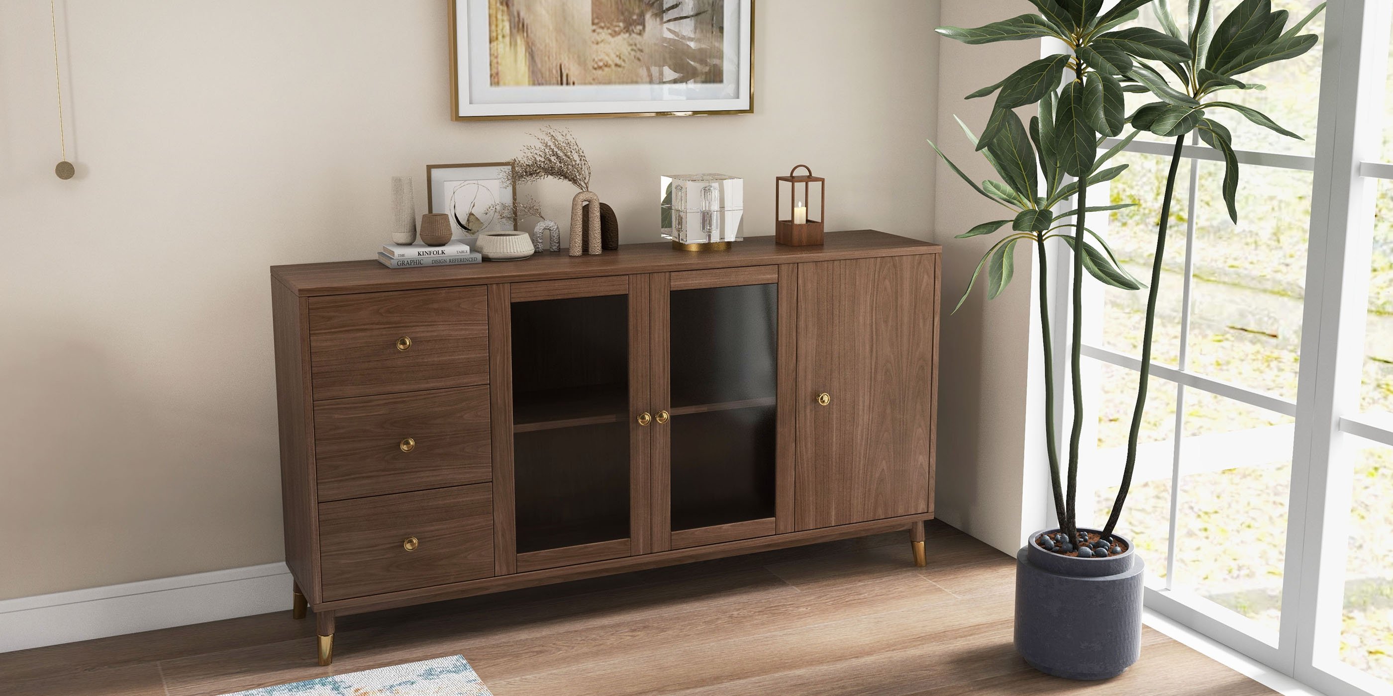 HMR - Ultic Modern Rectangle Sideboard Buffet with Ample Storages & Doors in Walnut
