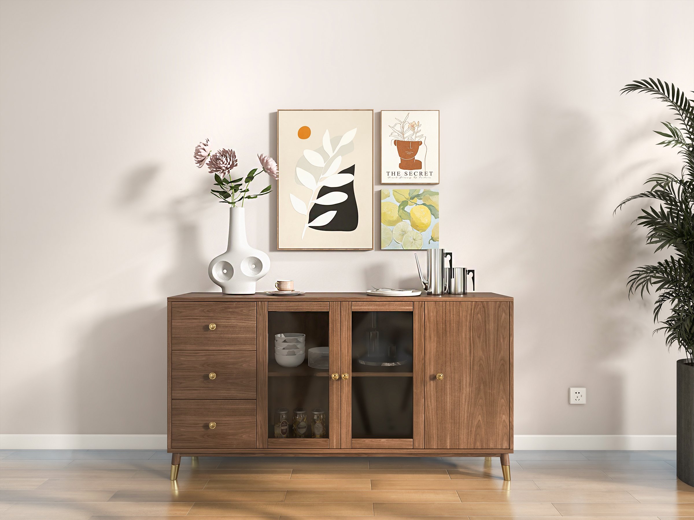 HMR - Ultic Modern Rectangle Sideboard Buffet with Ample Storages & Doors in Walnut