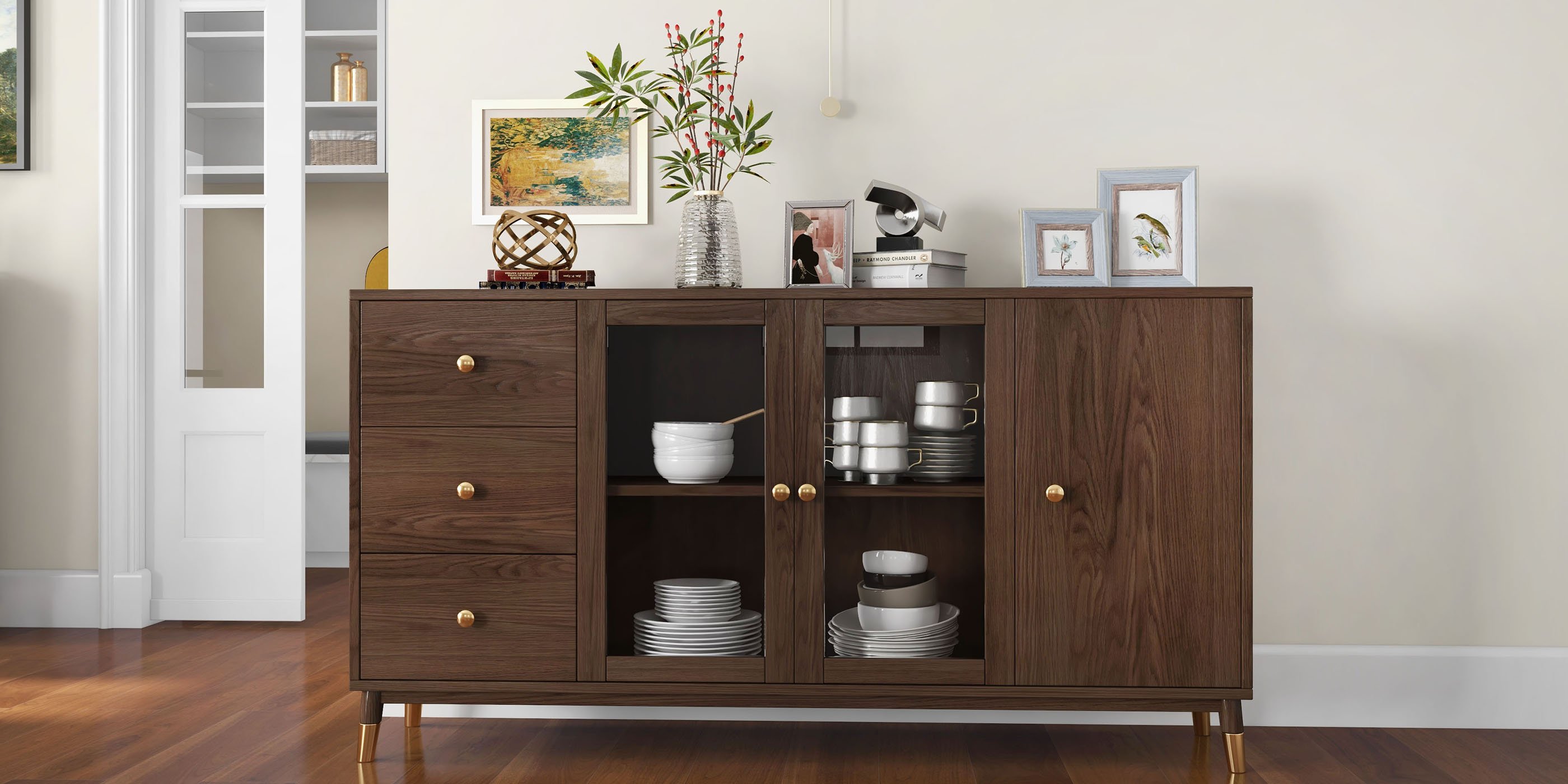 HMR - Ultic Modern Rectangle Sideboard Buffet with Ample Storages & Doors in Walnut