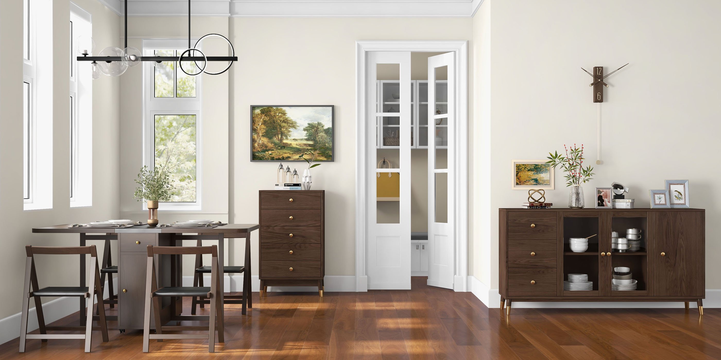 HMR - Ultic Modern Rectangle Sideboard Buffet with Ample Storages & Doors in Walnut